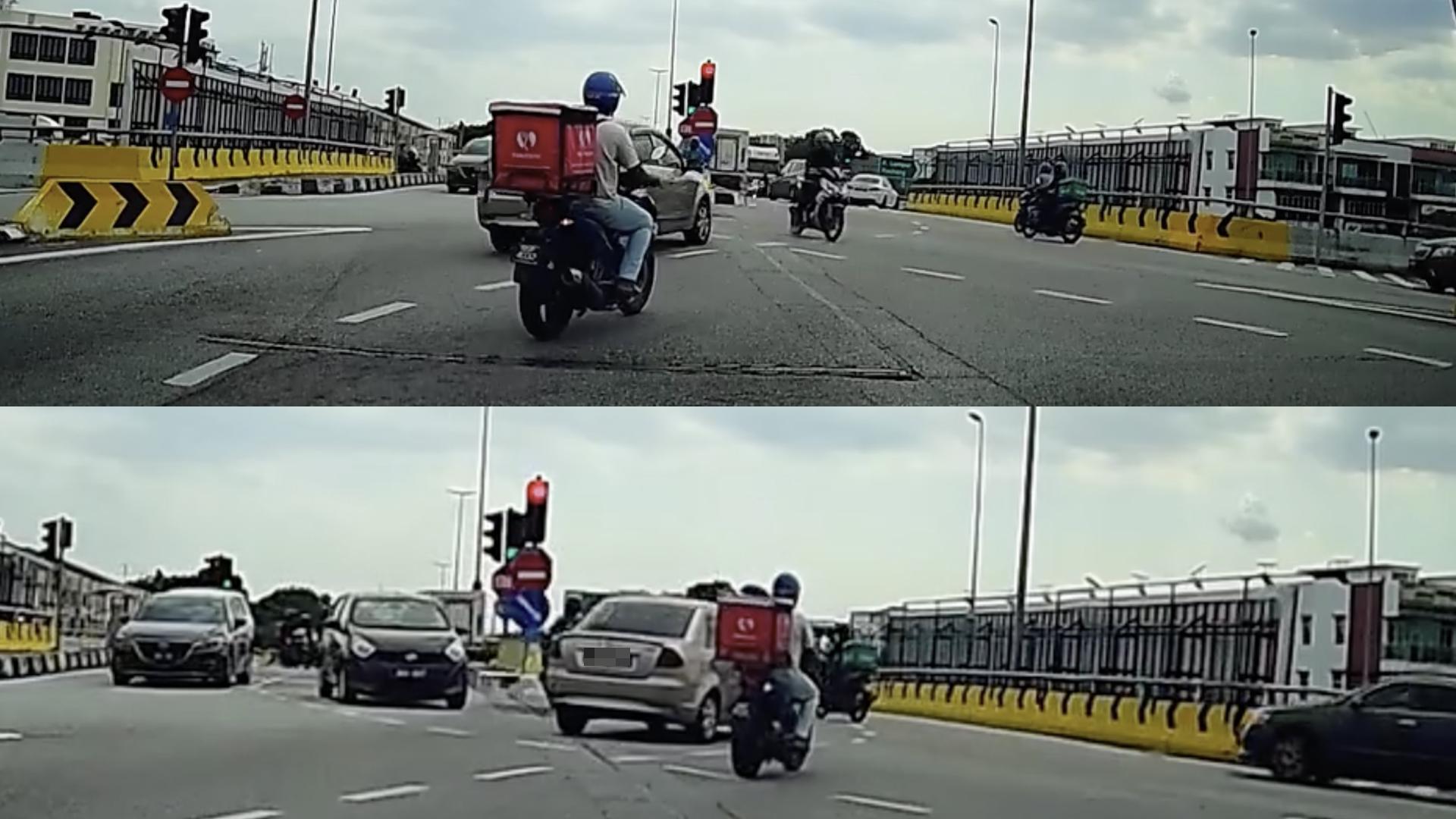 红灯已经亮起6秒，而两边的车也开始启动，一辆车和一辆摩托车却依然闯红灯。