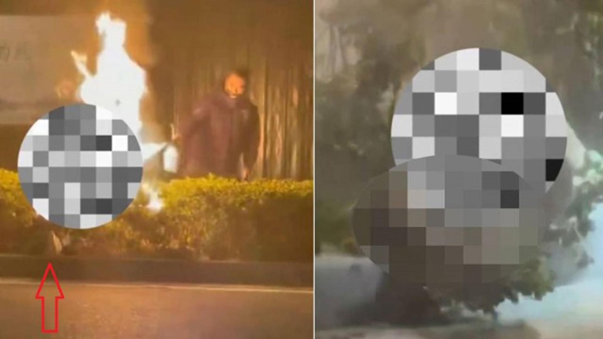 （左图）疑凶冷静地不断向著火的受害人（红箭咀所指）喷汽油。（右图）受害人全身烧焦倒毙草丛。