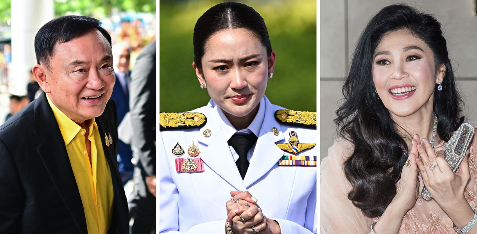 左起為他信、其女兒佩通坦、其妹妹英叻。他們都曾出任泰國首相。另外，他信的妹婿頌猜2008年曾短暫任相。