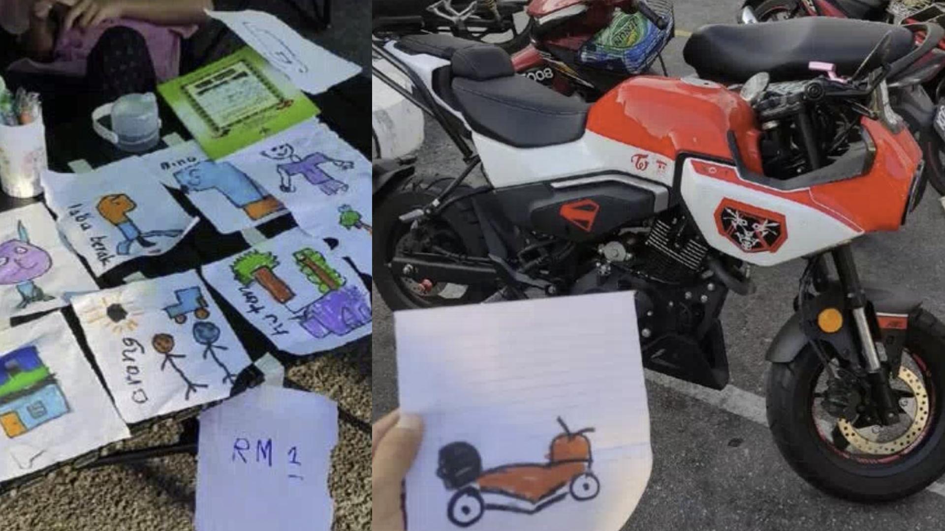 一群儿童在夜市以每张仅1令吉的价格，出售亲手绘制的画作。