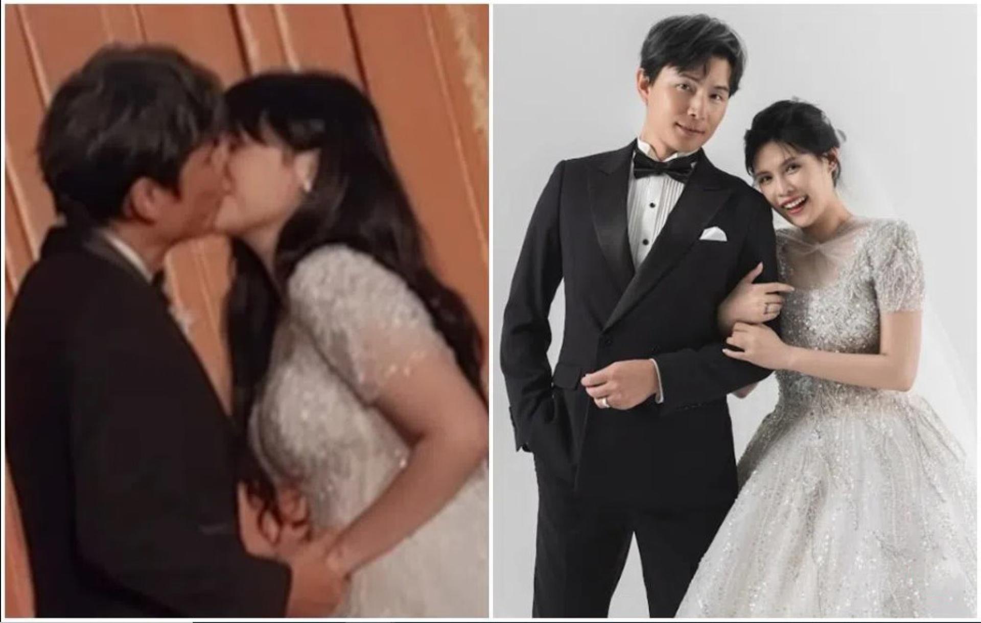 孙协志（左图左，右图左）和夏宇童办婚宴，两人在现场甜蜜亲吻。