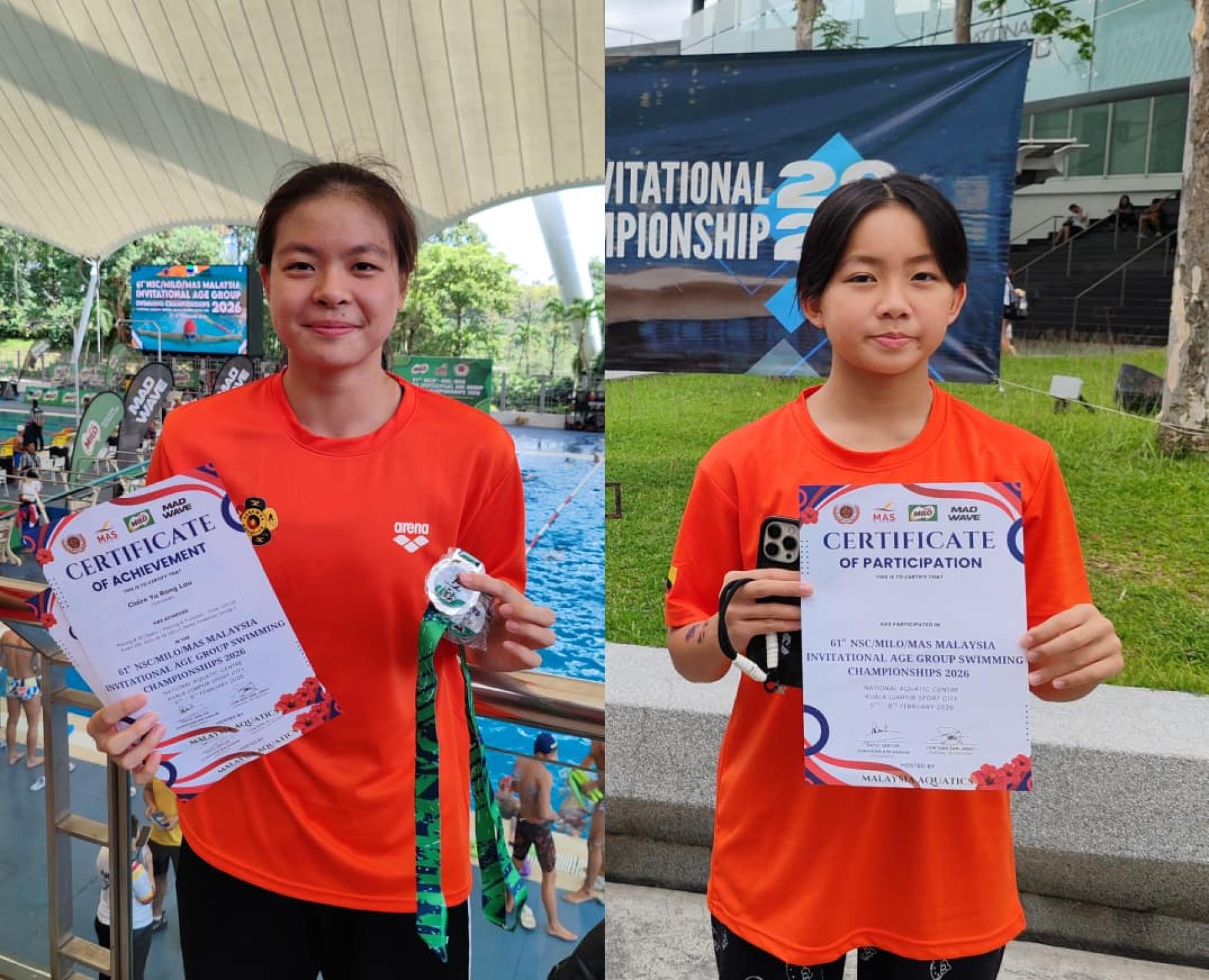 左为刘纾蓉在第61届全国分龄游泳锦标赛中表现出色，于接力项目三度登上领奖台，为队伍贡献关键力量。右为张语恩勇闯全国赛场，与各州精英同场竞技，在多项蛙泳项目中取得不俗成绩，展现未来潜能。