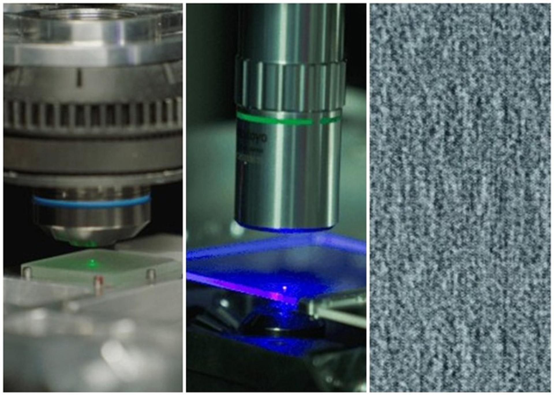 雷射将数据写入玻璃（左），由显微镜（中）读取体素（右）。