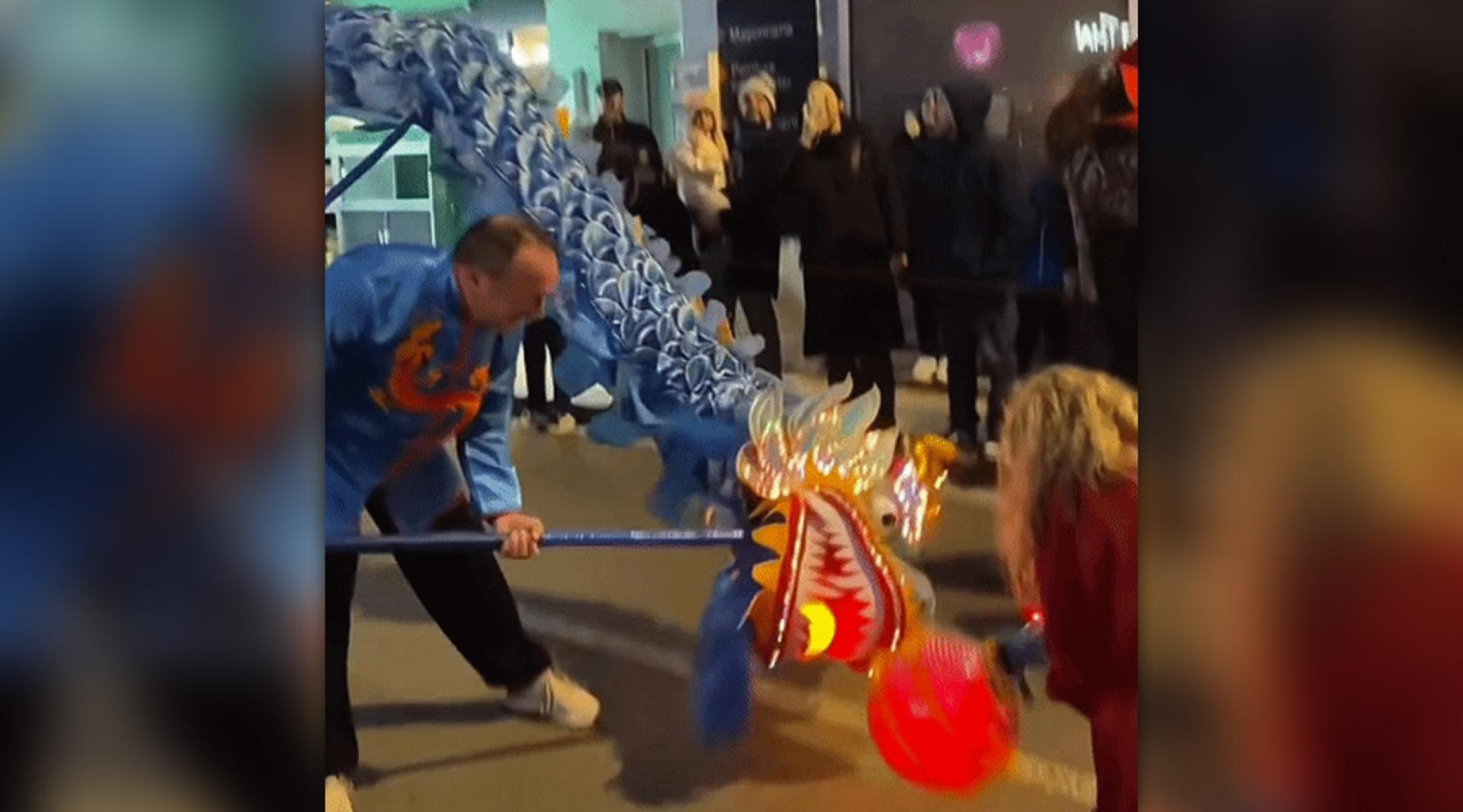 法国人弗雷德创办的武术团“青龙”，在家乡的春节巡游中舞龙。