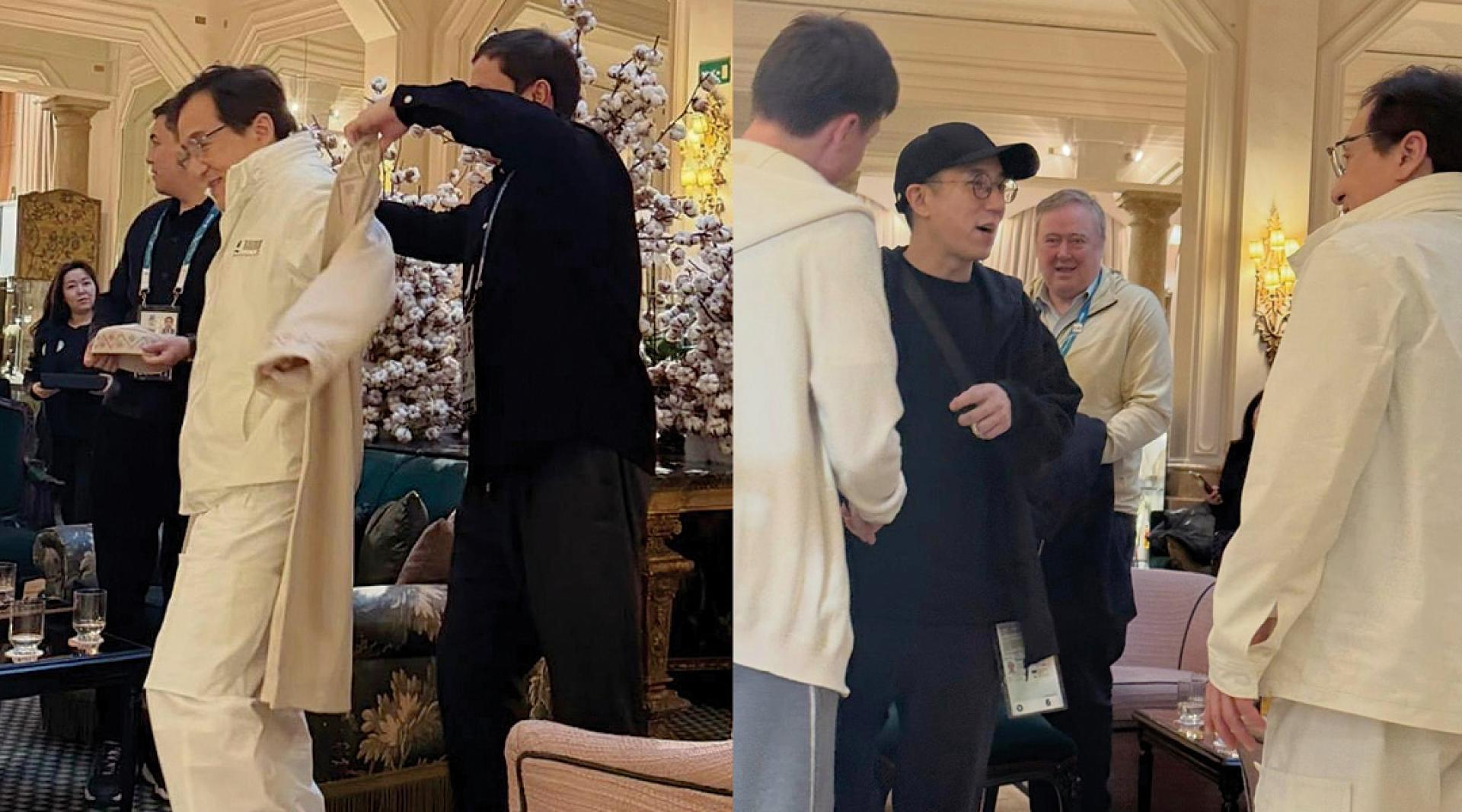 成龙（右图右）带房祖名（右图左2）见人，房祖名左手惊现戒指。