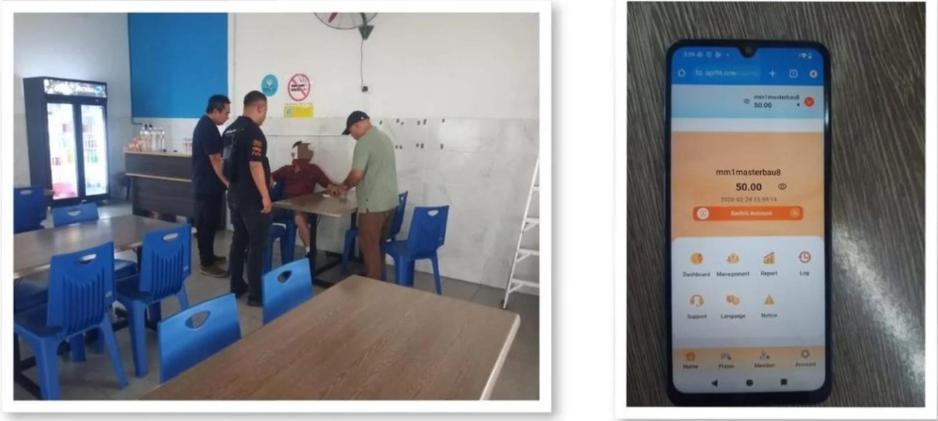 警方在检查行动中讯问嫌犯及查获的手机等物品。