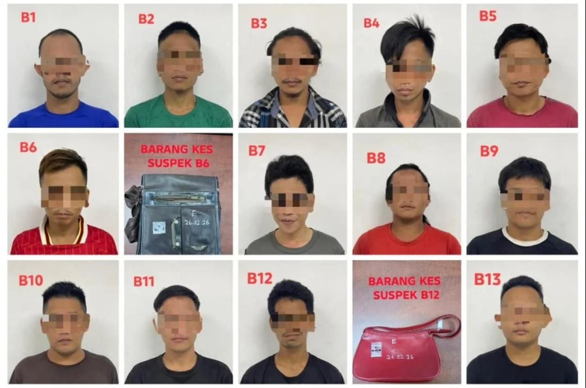 照片展示石隆门此次毒品行动中被捕的13名男子及缴获物品。