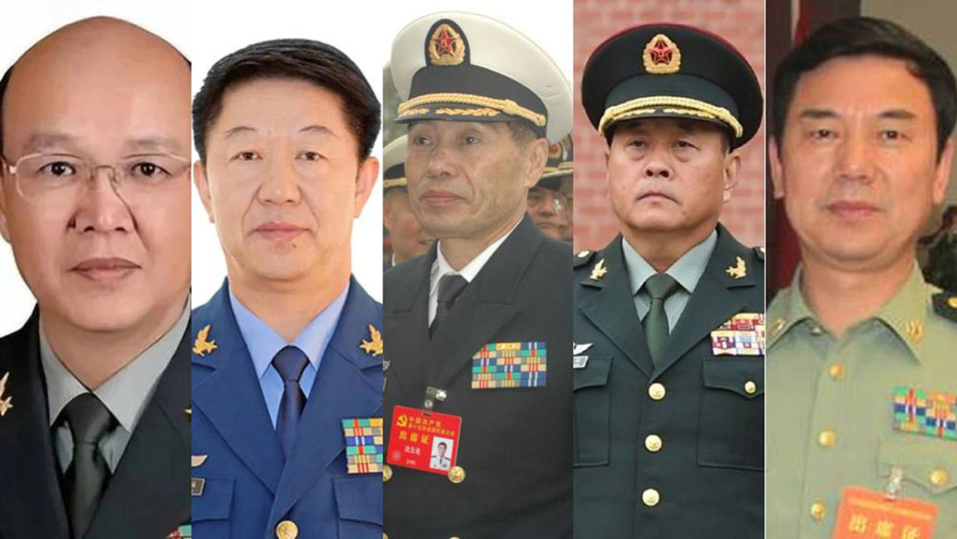 遭罢免的5名上将分别是，（左起）信息支援部队原政委李伟、空军原政委于忠福、海军原司令员沈金龙、陆军原司令员李桥铭以及海军原政委秦生祥。