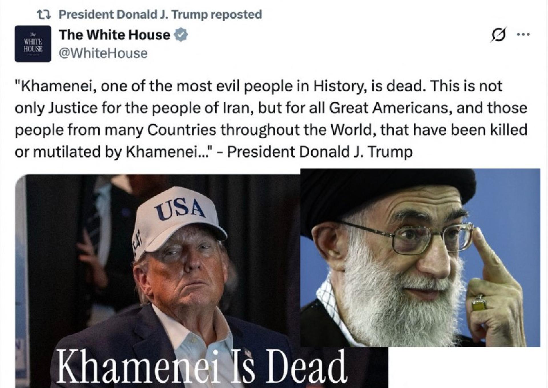 特朗普社媒称哈梅内伊已经死了。