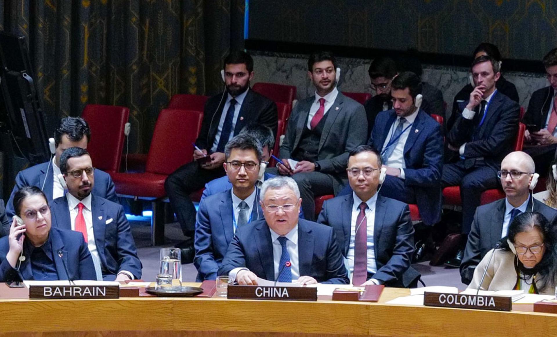 中国常驻联合国代表傅聪在会上发言。