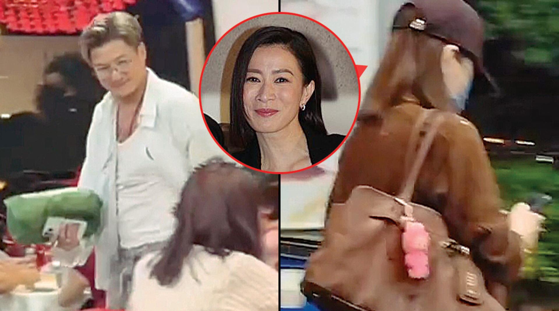 佘诗曼被网友野生捕获与好友陈山聪聚餐。（右）眼尖的网友认出佘诗曼包包挂着她最爱的粉色Labubu挂件。