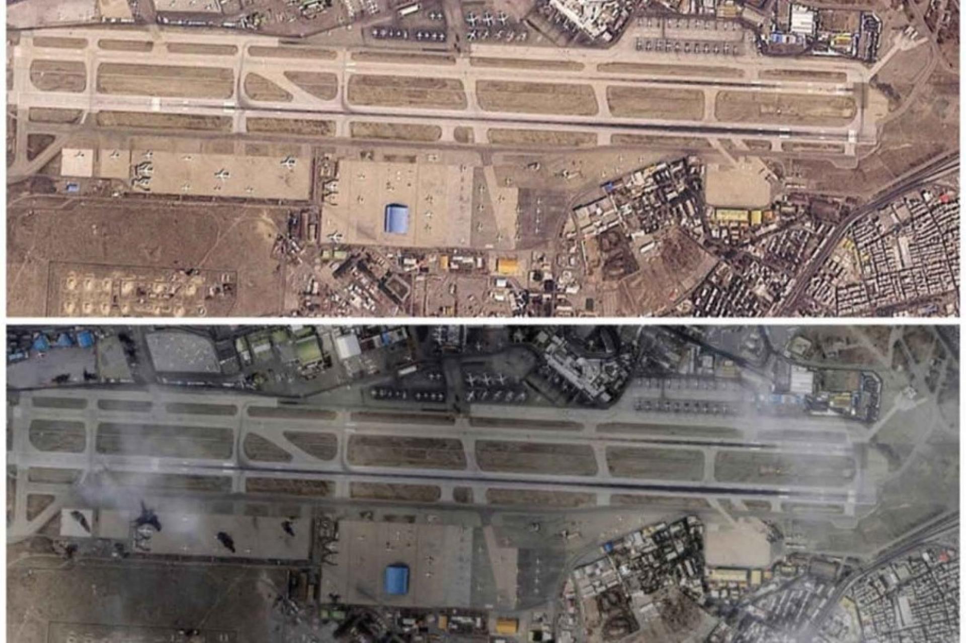 卫星图片对比显示伊朗德黑兰梅赫拉巴德机场在据报遭袭前后情况，上图为2026年3月6日，下图为2026年3月7日，背景为美国与以色列与伊朗之间的冲突。