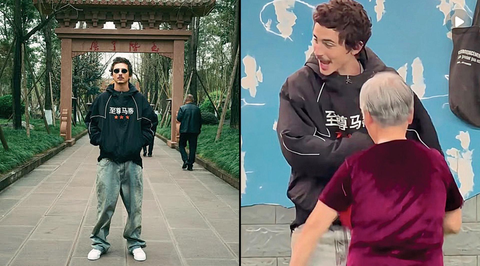 （左）甜茶于成都昭觉寺打卡。（右）甜茶一时兴起跟大妈学跳广场舞。