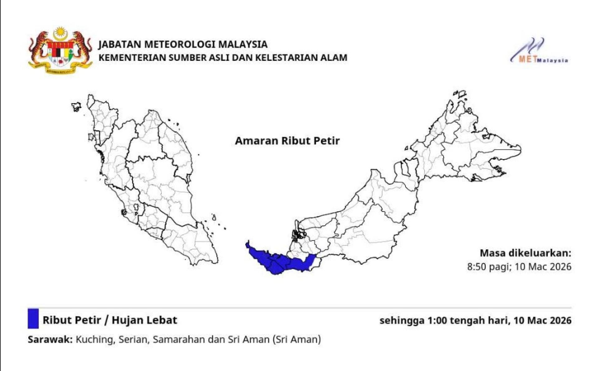 预计古晋、西连、三马拉汉及斯里阿曼将出现雷暴、强降雨及大风天气，持续至中午12时。