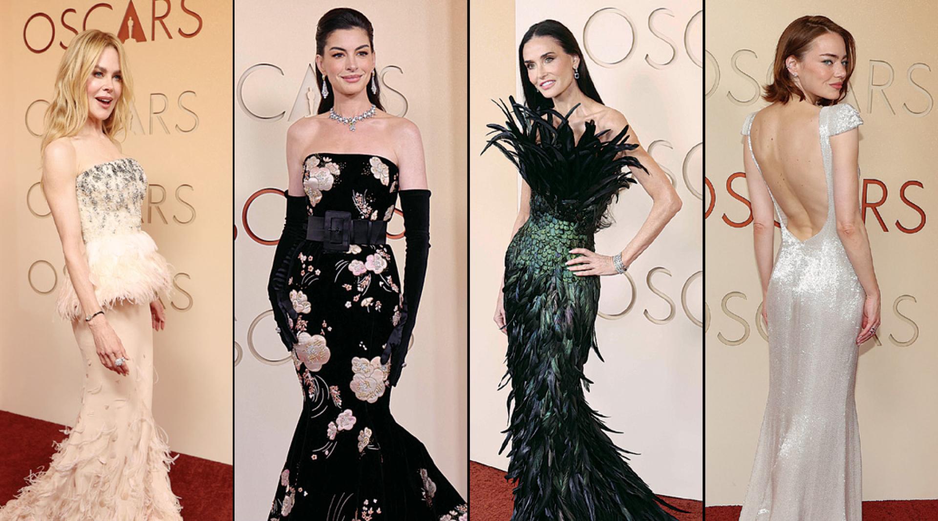 左起：妮歌洁曼依旧冻龄；安海瑟薇是“红毯资优生”；狄美摩亚的羽毛装凸显视觉张力；爱玛史东大露背造型相当亮眼。
