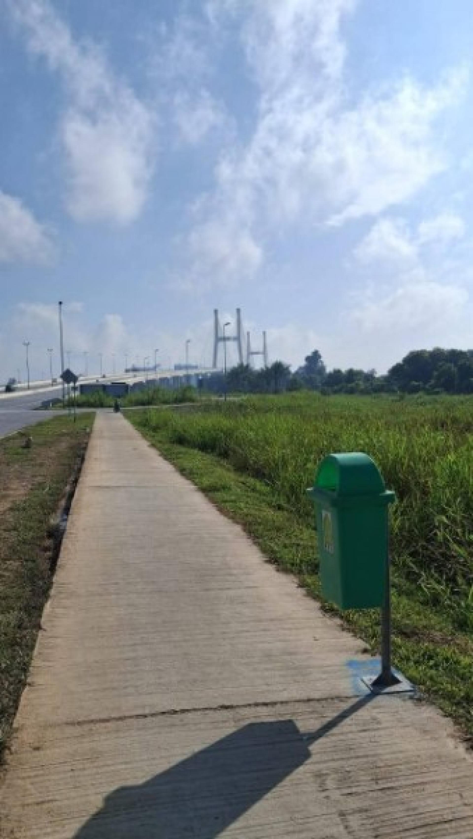 敦泰益大桥至附近环岛沿路设置的悬挂式垃圾桶。