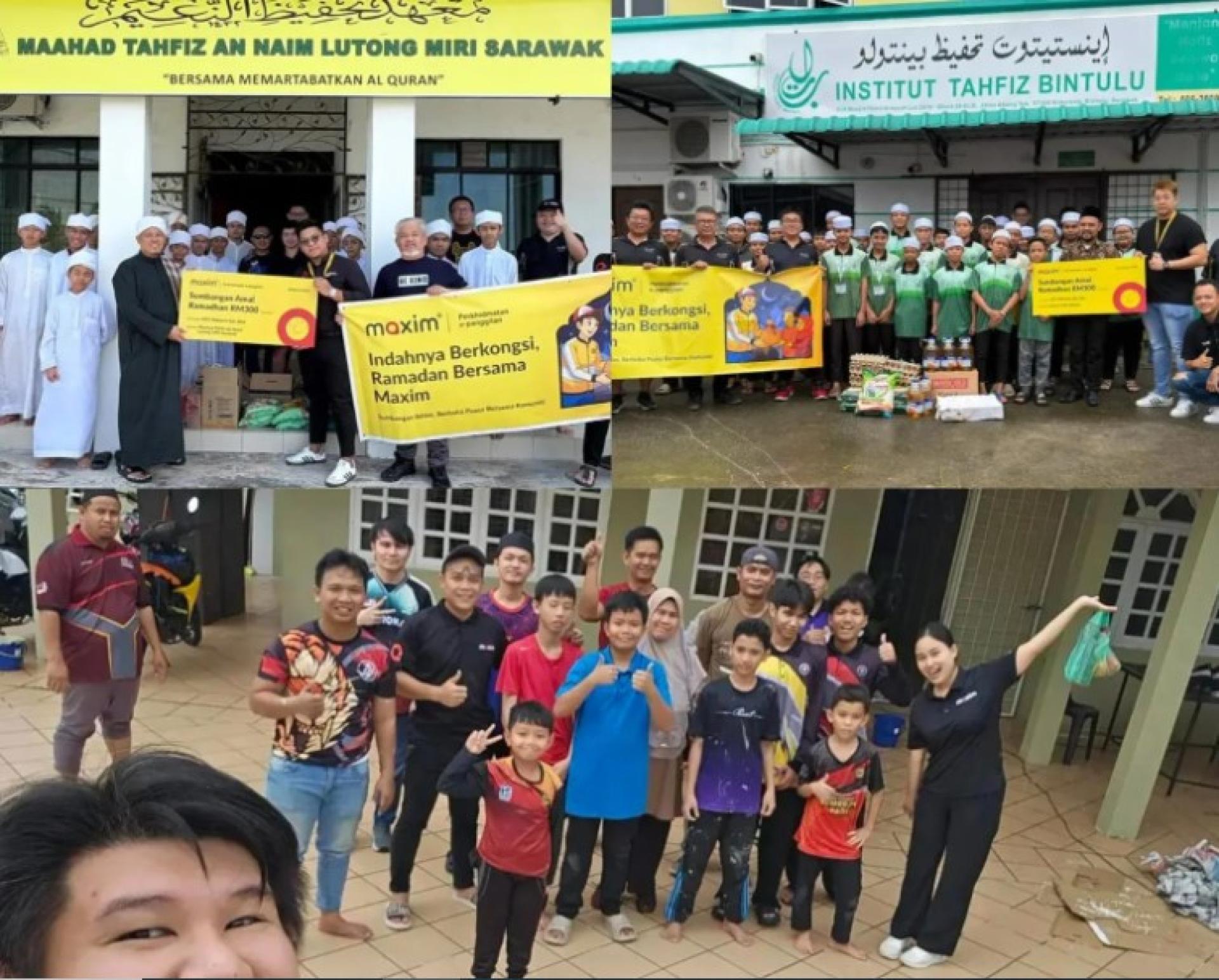 Maxim马来西亚志愿者与古晋、民都鲁及美里的塔菲兹学校及福利院代表合影，活动结束后展现社区支持成果。