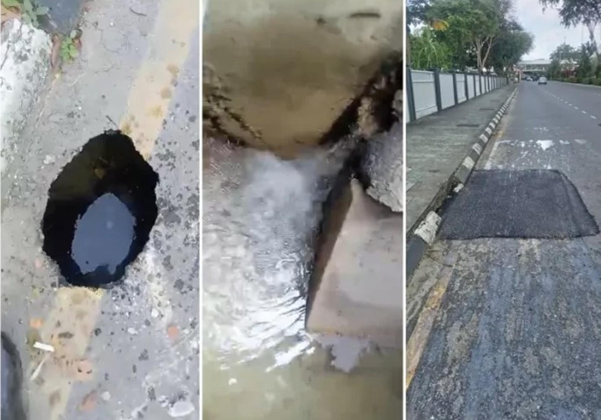 浮罗岸路塌陷坑的照片拼贴，该处已被临时填平，等待砂拉越水务局进行管道泄漏修复。