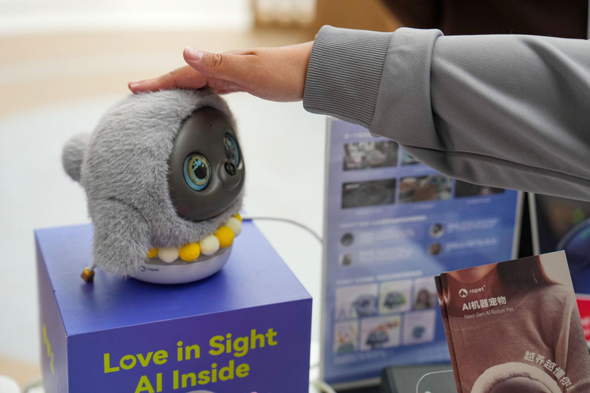 在中关村国际创新中心，24日一名参观者触摸一款AI机械宠物。