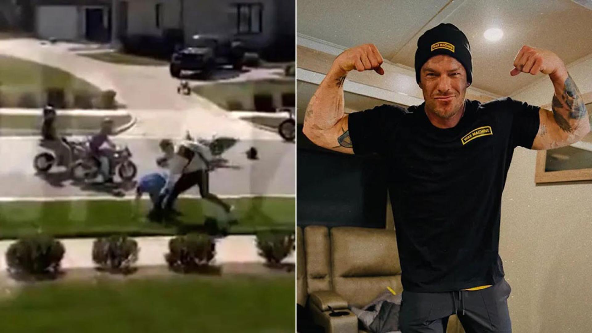 艾伦瑞奇森（白衣者）在两名孩子面前暴打邻居。