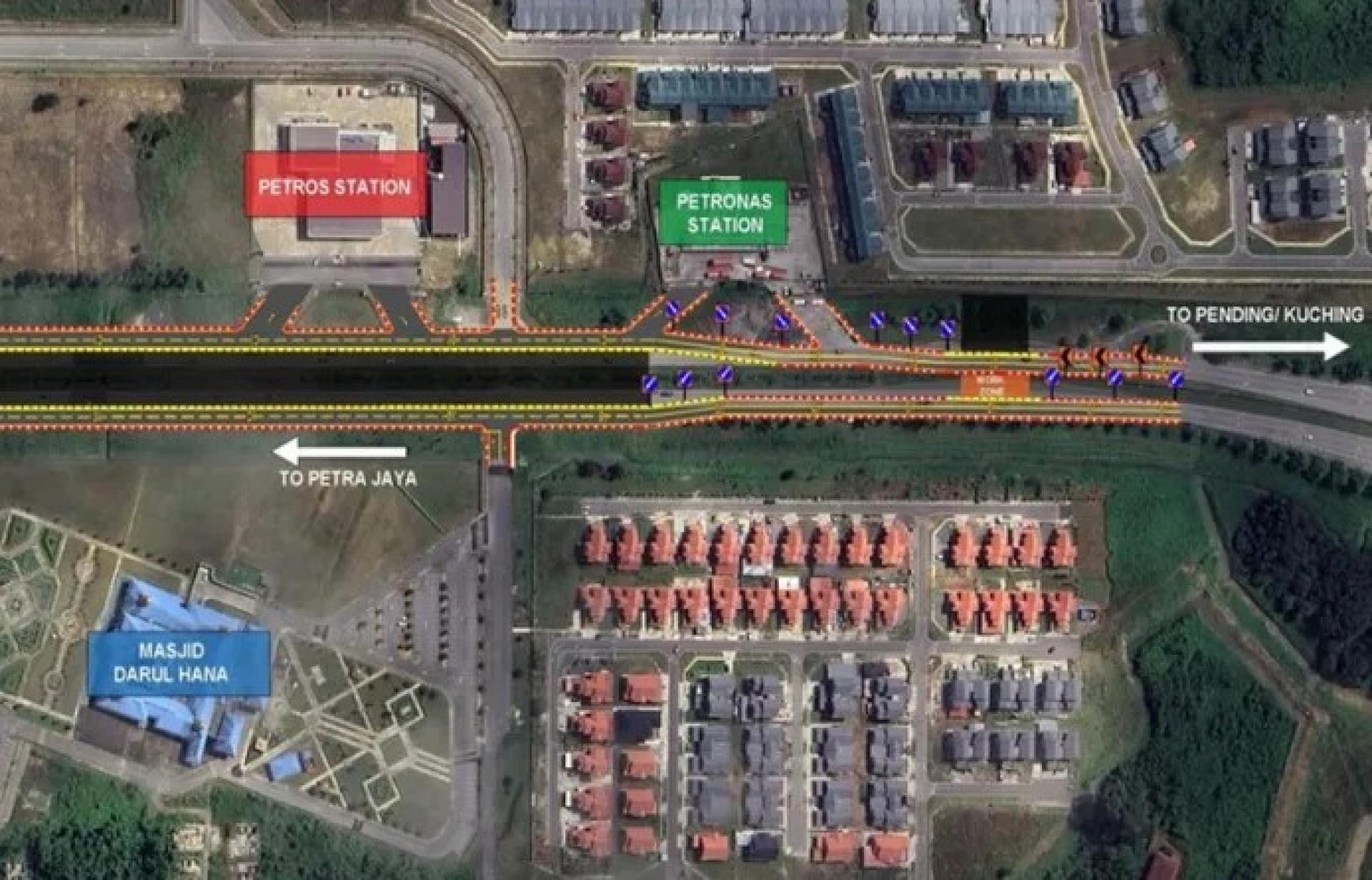 古晋敦拿督巴丁宜阿邦哈芝穆罕默德沙拉胡丁路临时改道，将于2026年4月2日至8月16日实施。照片：土地管理与发展局。