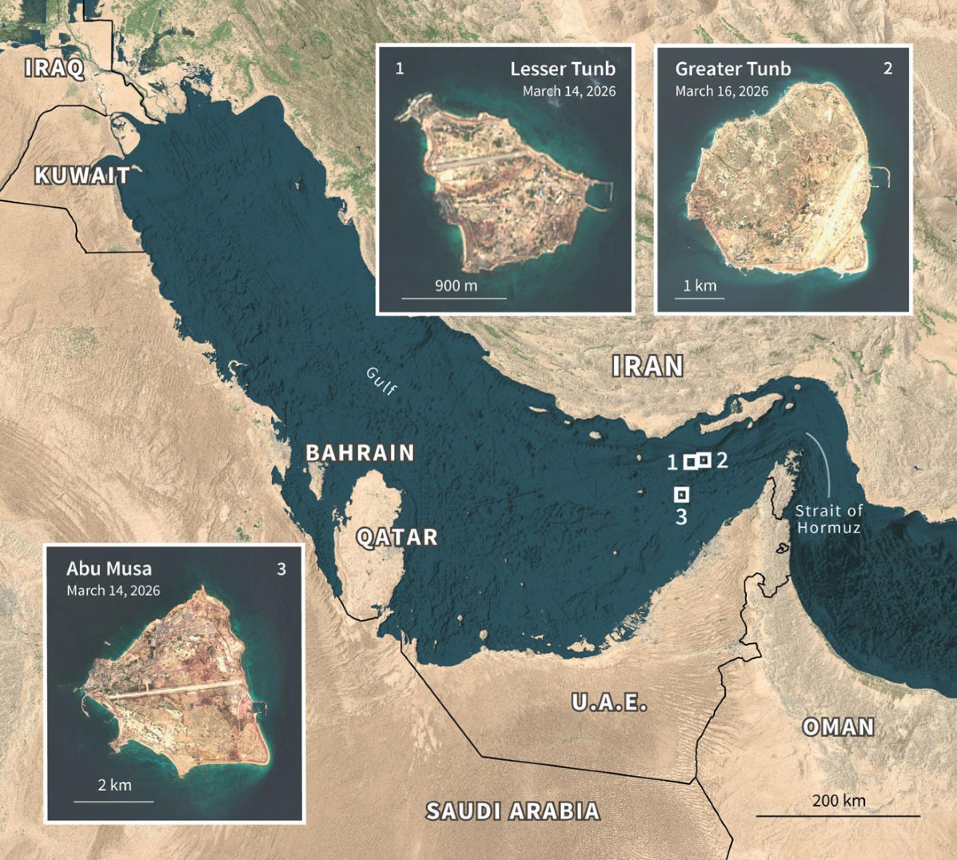 阿联酋官员认为，美国应占领包括阿布穆萨岛（第3个小图）在内的战略水道岛屿。