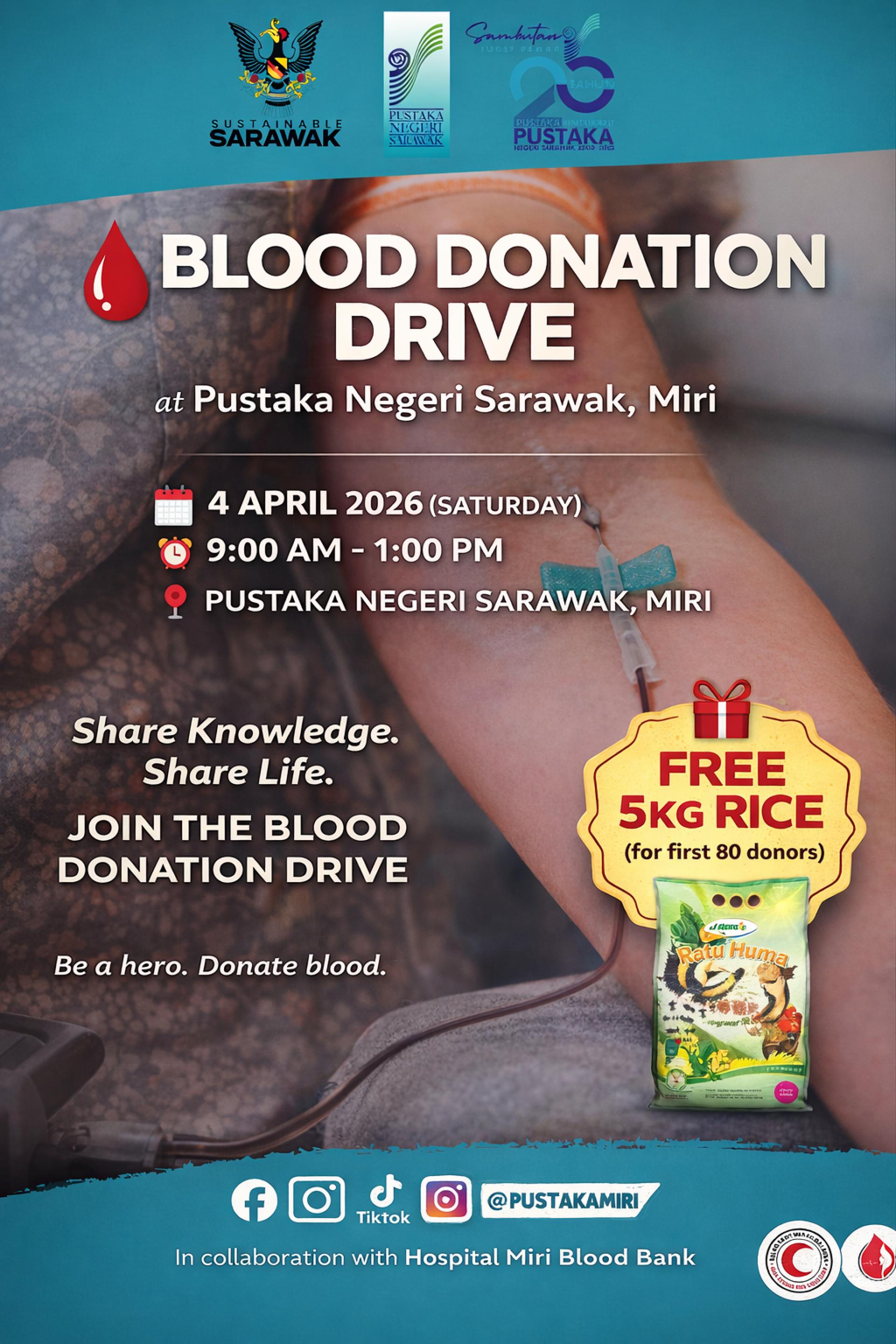 砂拉越州图书馆美里分馆将于4月4日举办今年首场捐血活动，呼吁公众踊跃参与捐血，首80名成功捐血者将获赠5公斤白米作为感谢。