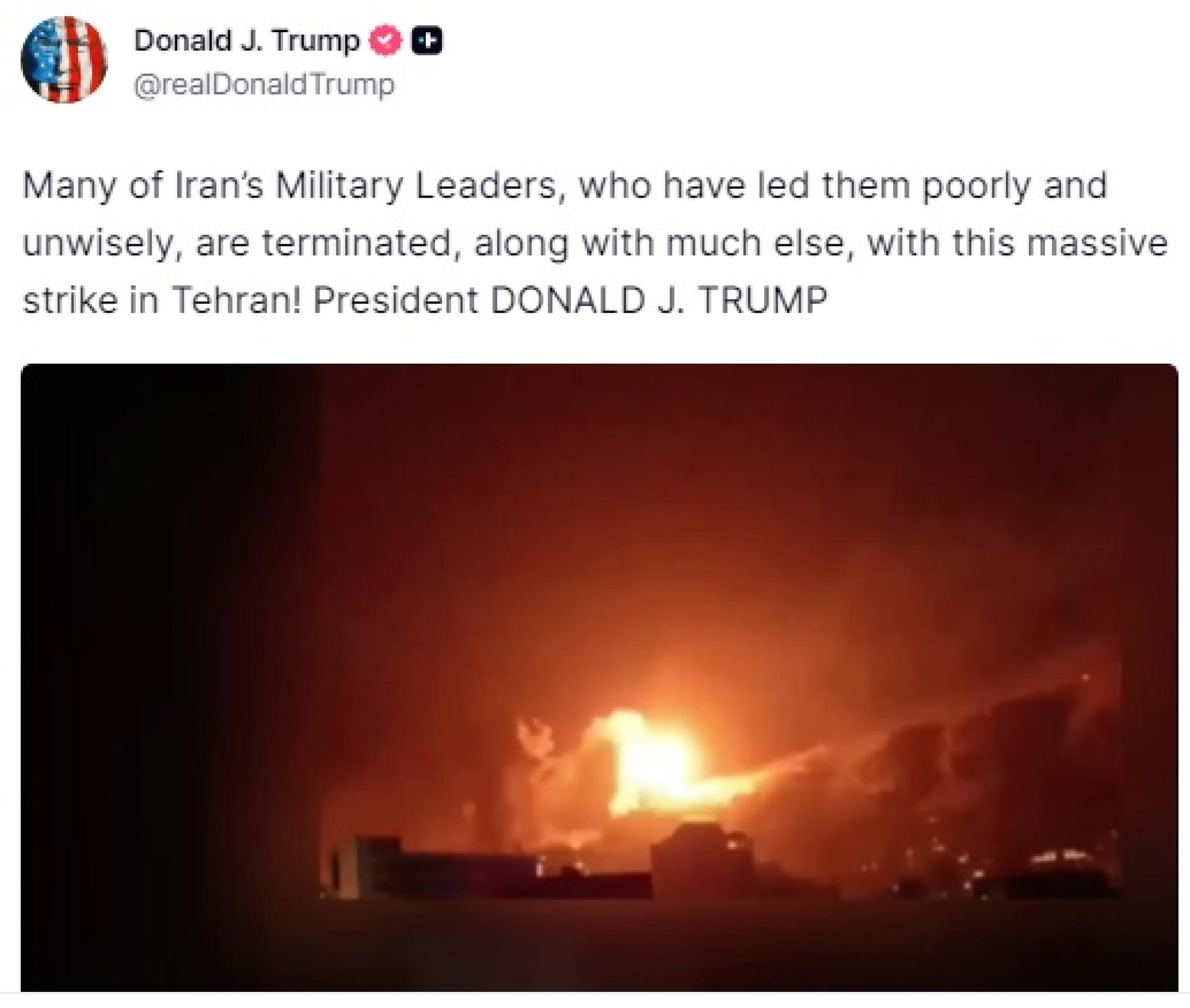 特朗普附上影片，画面中夜空闪现爆炸火光。