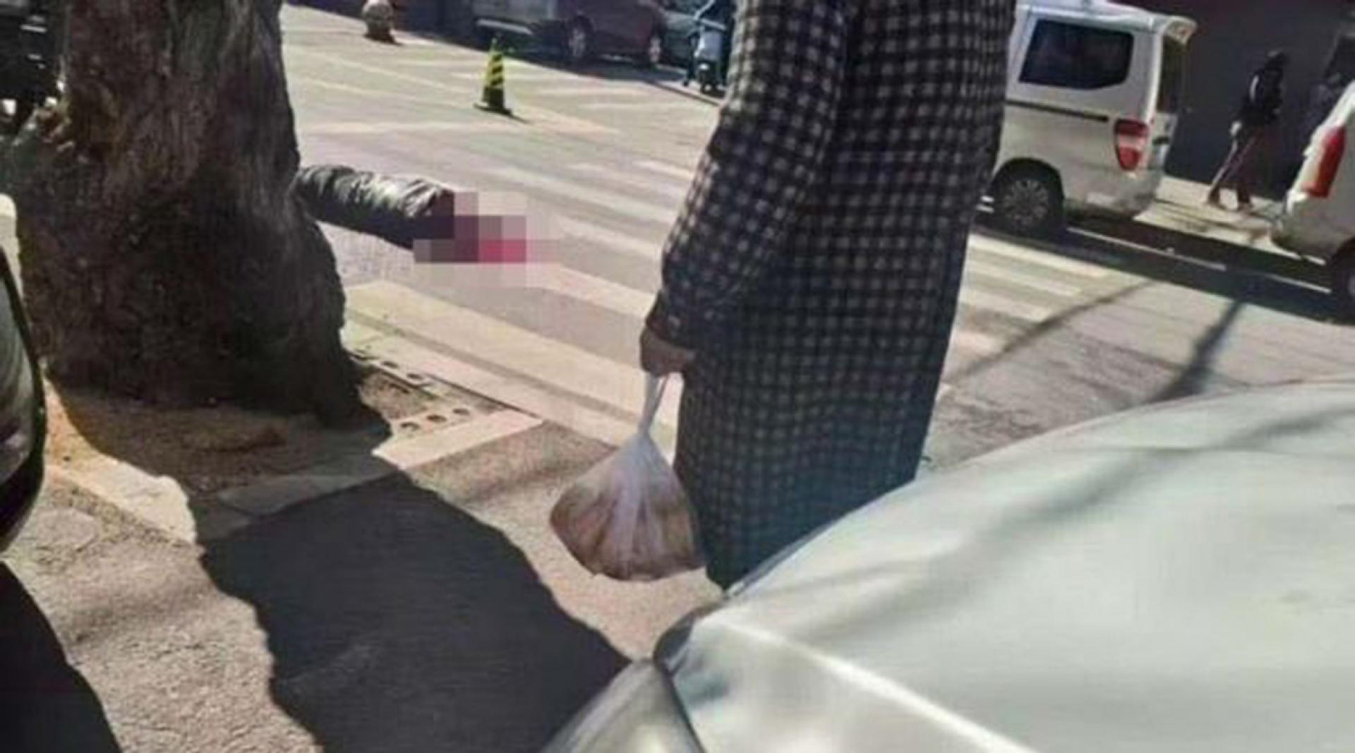 被砍断头的受害者倒卧在斑马线上。