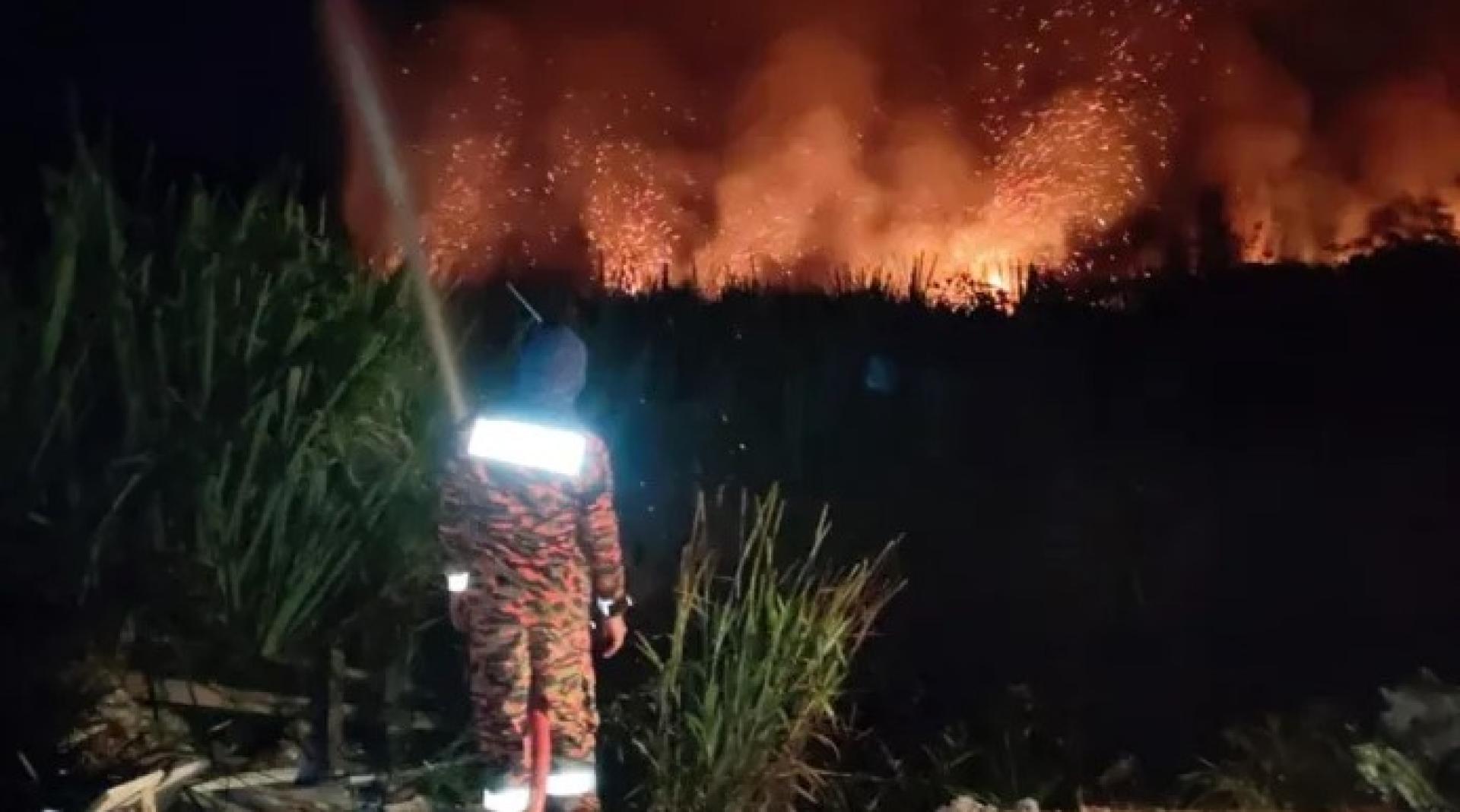 消防员于2026年4月8日晚在泗里街Jalan Sakam奋力控制灌木火灾。