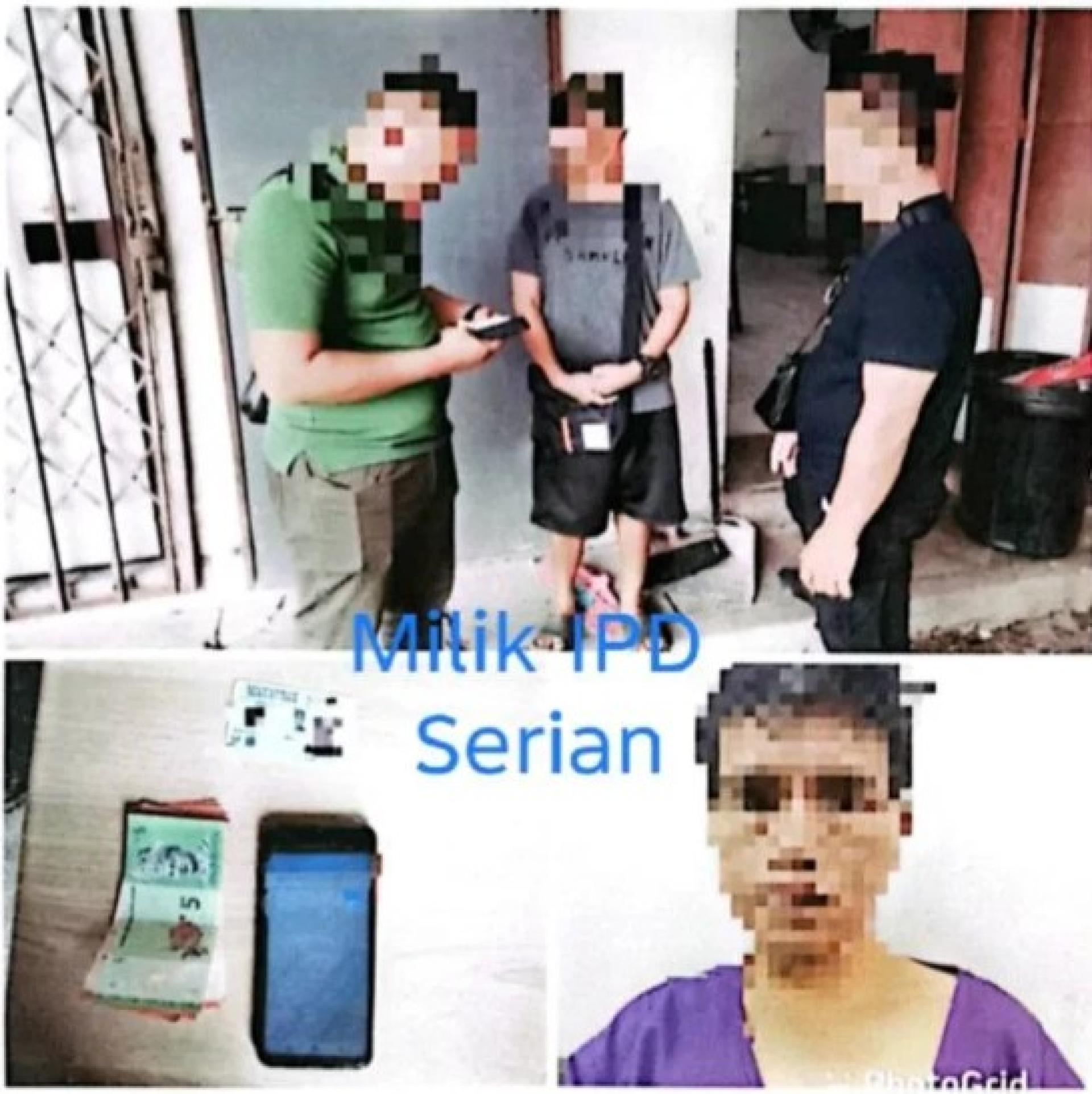 被拘嫌疑人及警方查获的手机与现金。