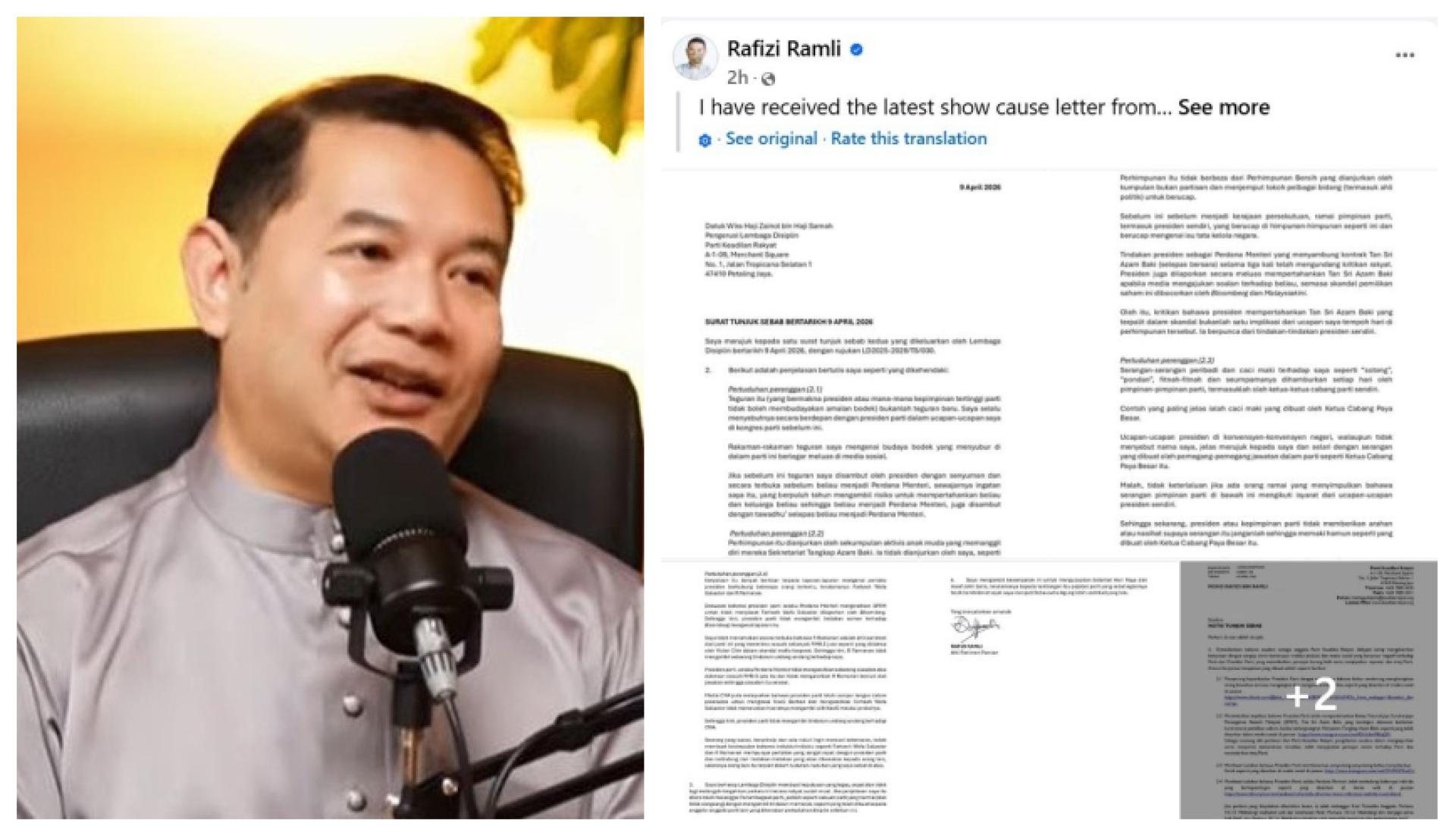 拉菲兹证实，自己接获公正党纪律委员会发出的要求解释信函，而他已经就相关指控做出回应，并挑战纪委会，若其违反党章可将他开除。