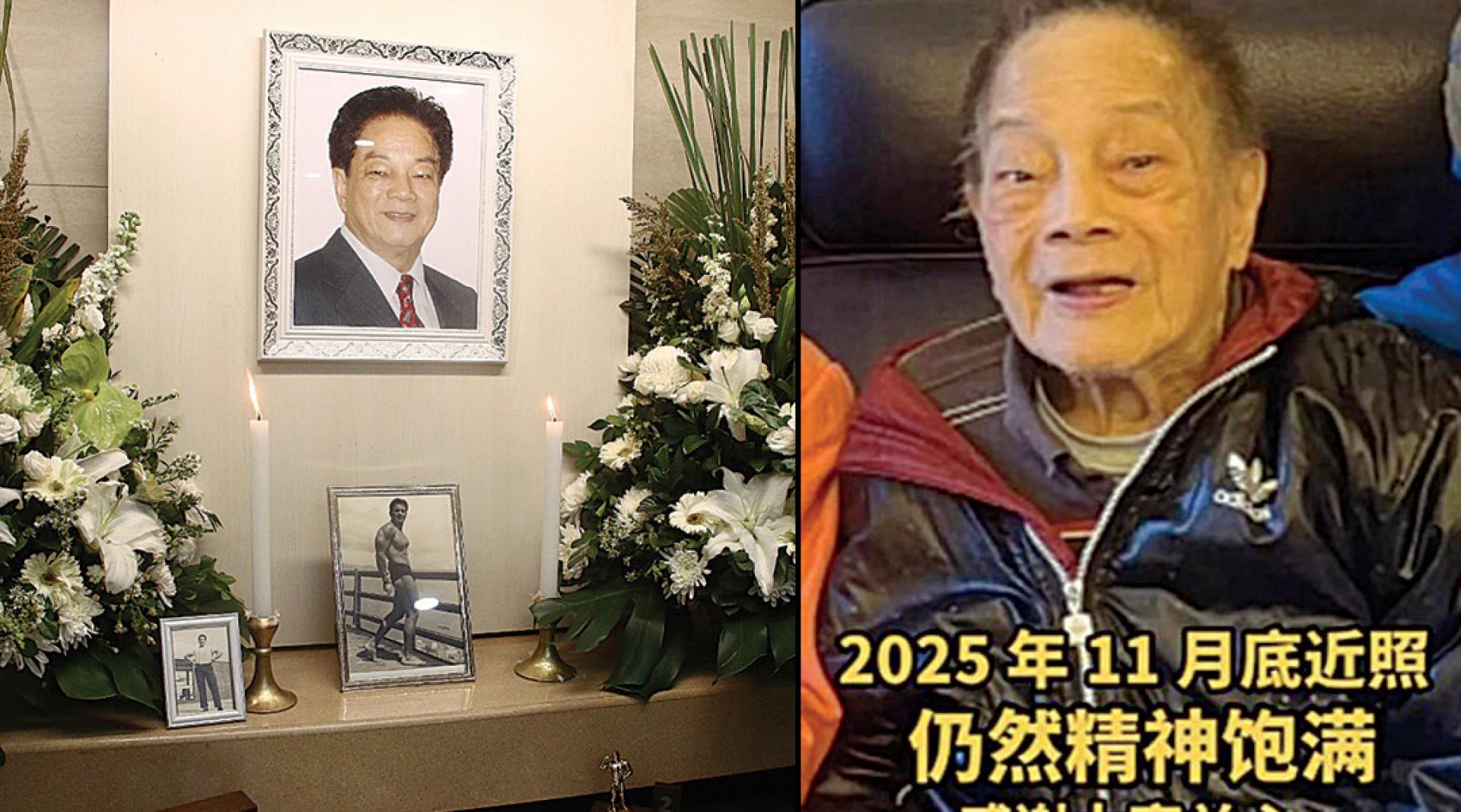 （左）郑雷灵堂布置简洁，放了他年轻时参加健美比赛的猛男照。（右）郑雷的最后照片，于去年11月在网上流传。