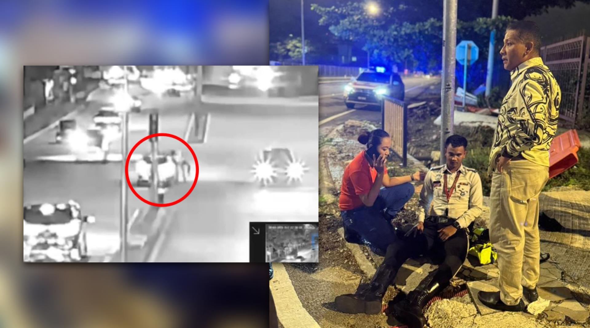 指挥交通的交警遭车子撞伤，吉隆坡交警调查与执法局主任占祖礼助理总监（右）事后到场了解情况。