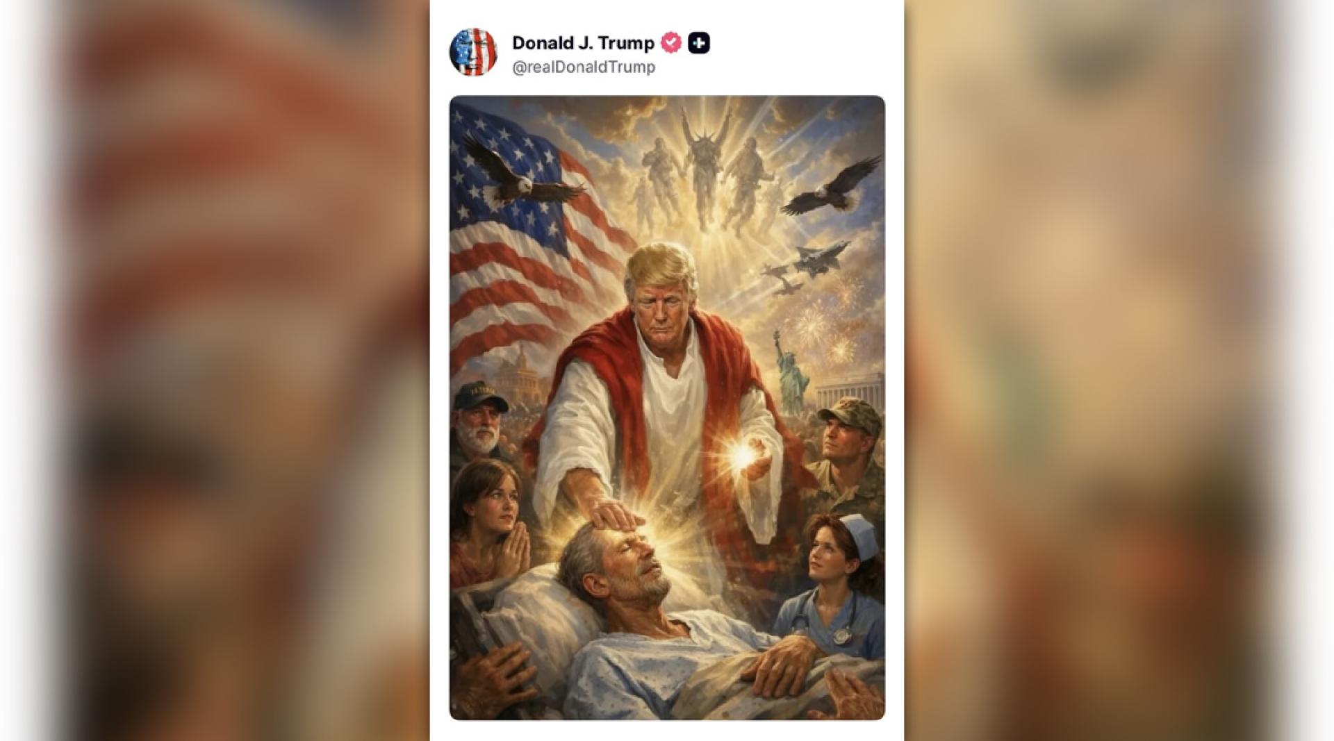 特朗普在画像中身穿白袍和红色披肩，发光的手放在一名男性额头上。