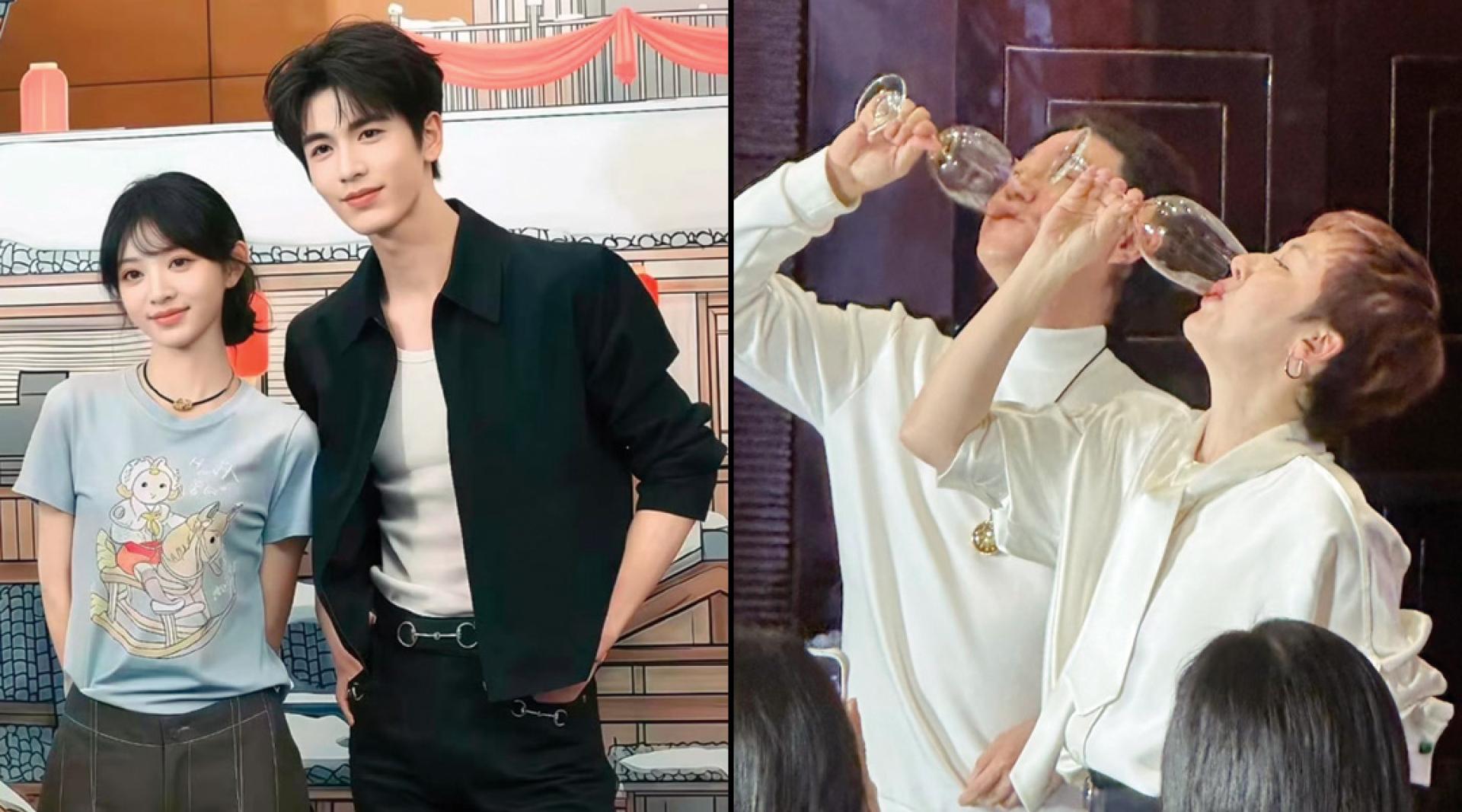 （左图）田曦薇、张凌赫出席《逐玉》庆功宴。（右图）田曦薇经纪人公钰涵（左）、张凌赫经纪人徐以若举杯泯恩仇。