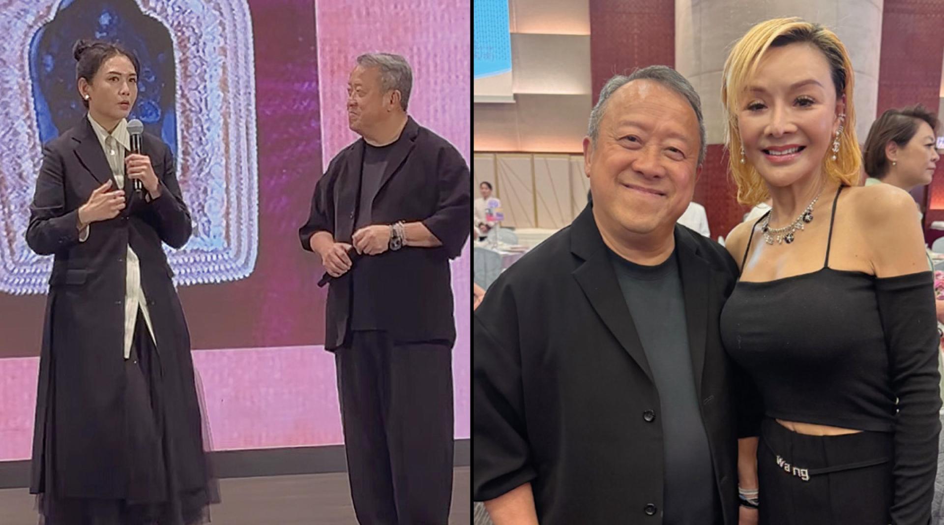 （左）邱淑贞上台帮忙义卖，展现成熟贵气。（右）叶子楣和曾志伟开心同框。