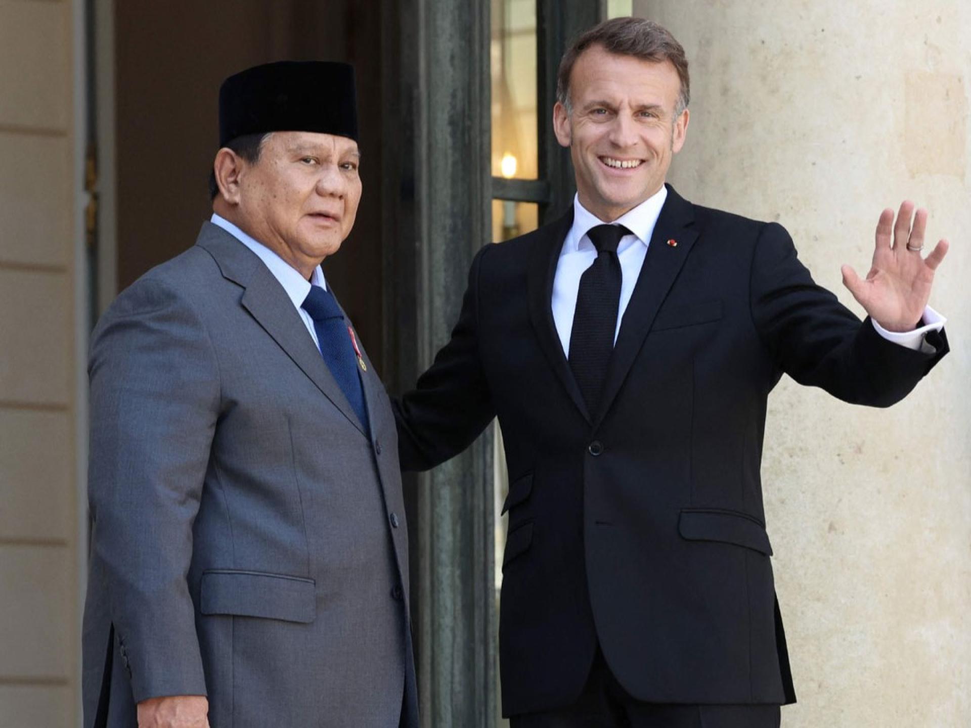 印尼总统普拉博沃（右）14日在巴黎会见法国总统马克宏（左），双方针对多个领域展开讨论。