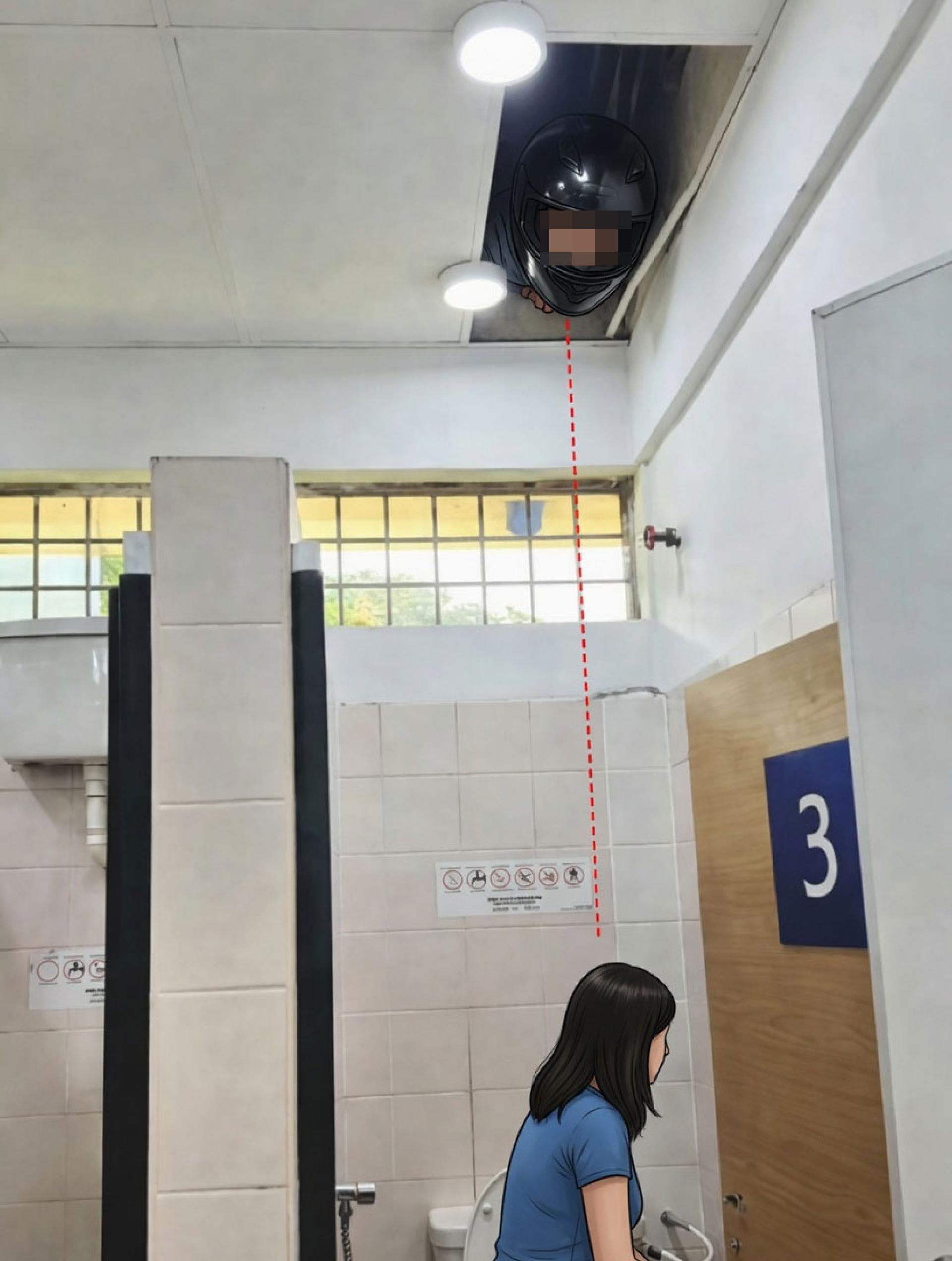 拍摄者拍摄的画面显示疑犯被指疑似曾蹲坐在隔间上方的位置，而天花板出现一个洞口。（AI示意图）