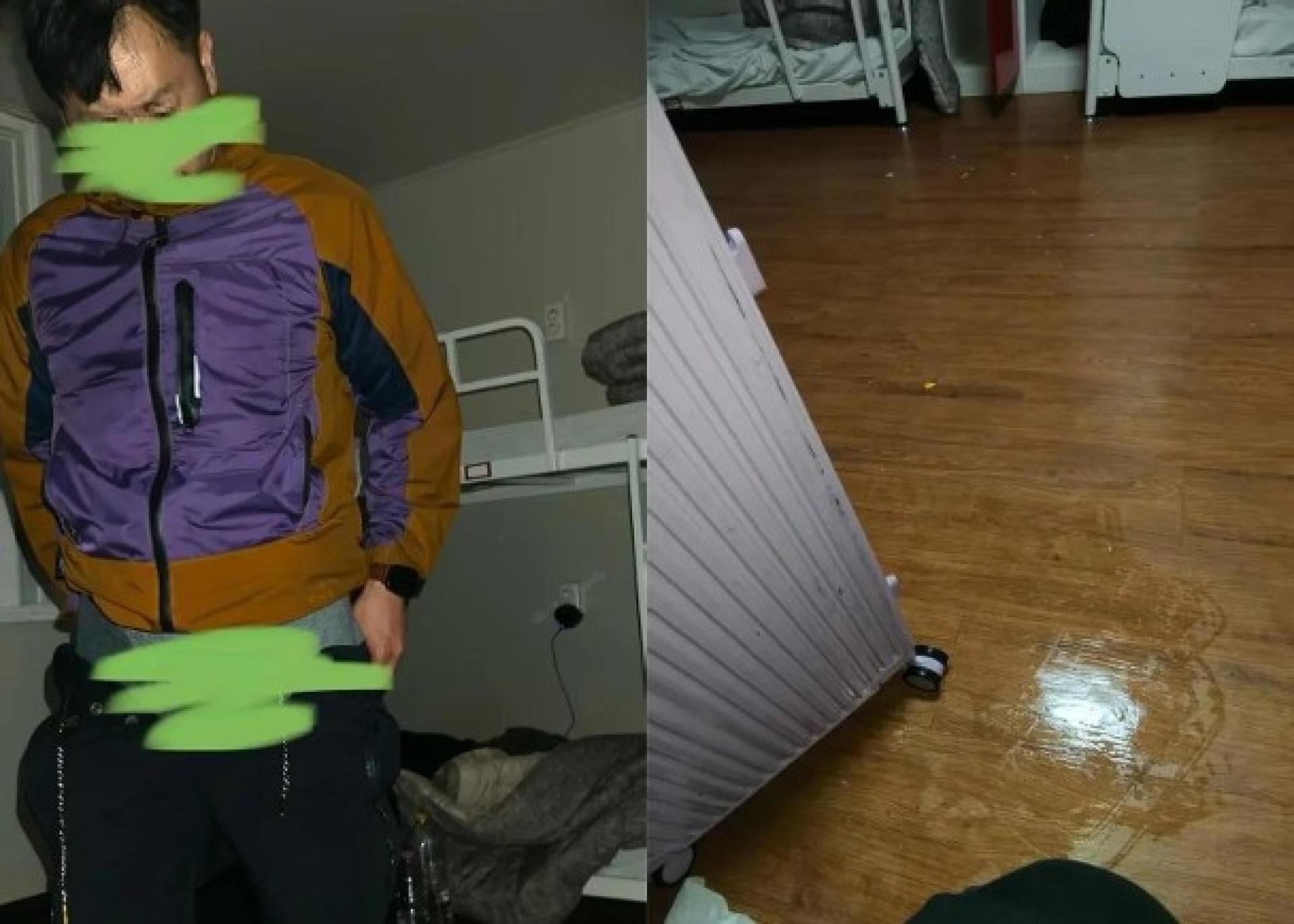 日籍男子露械后穿裤。右图为房间地上遗下尿液。