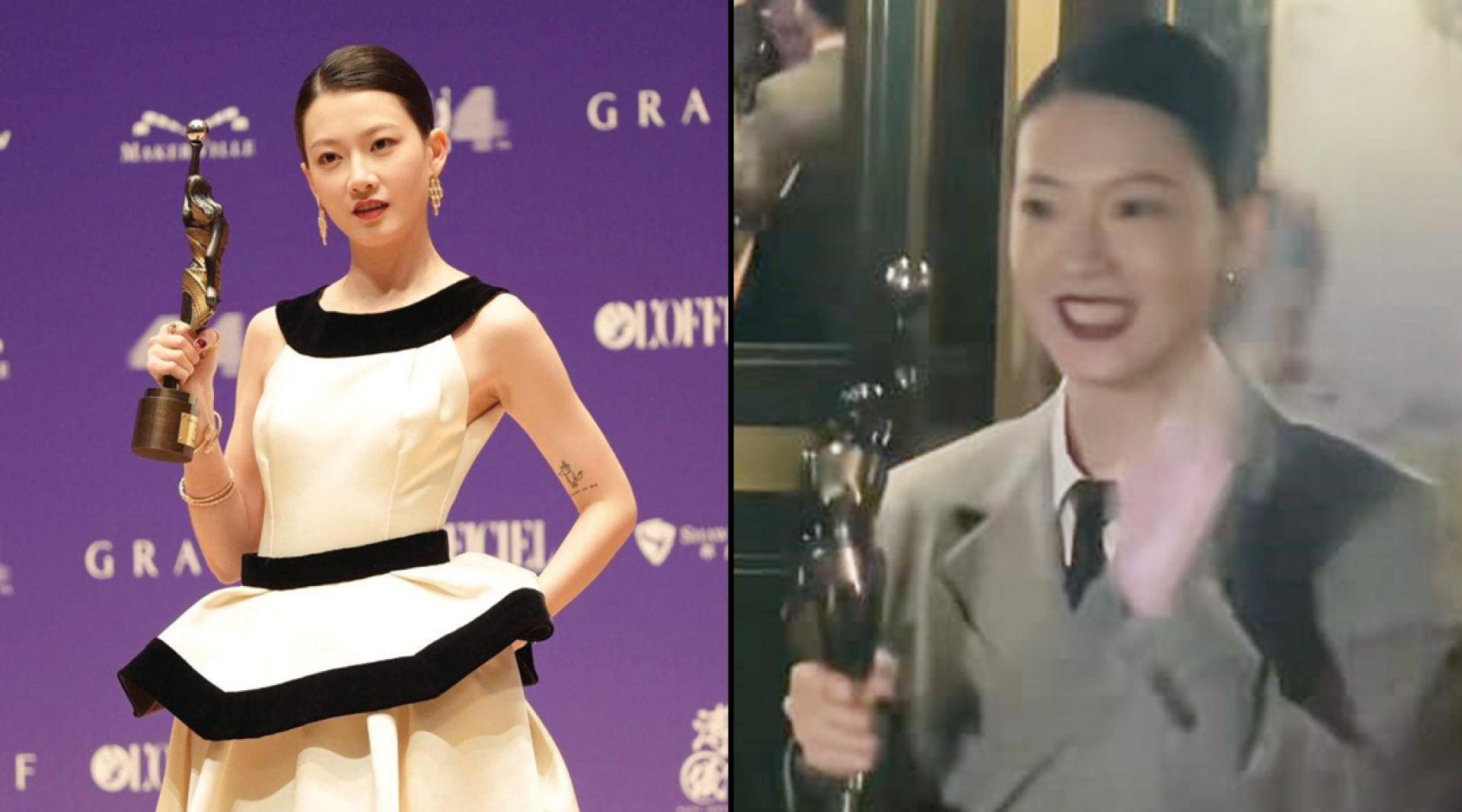 廖子妤凭《像我这样的爱情》封后，（右）开心出席庆功宴。