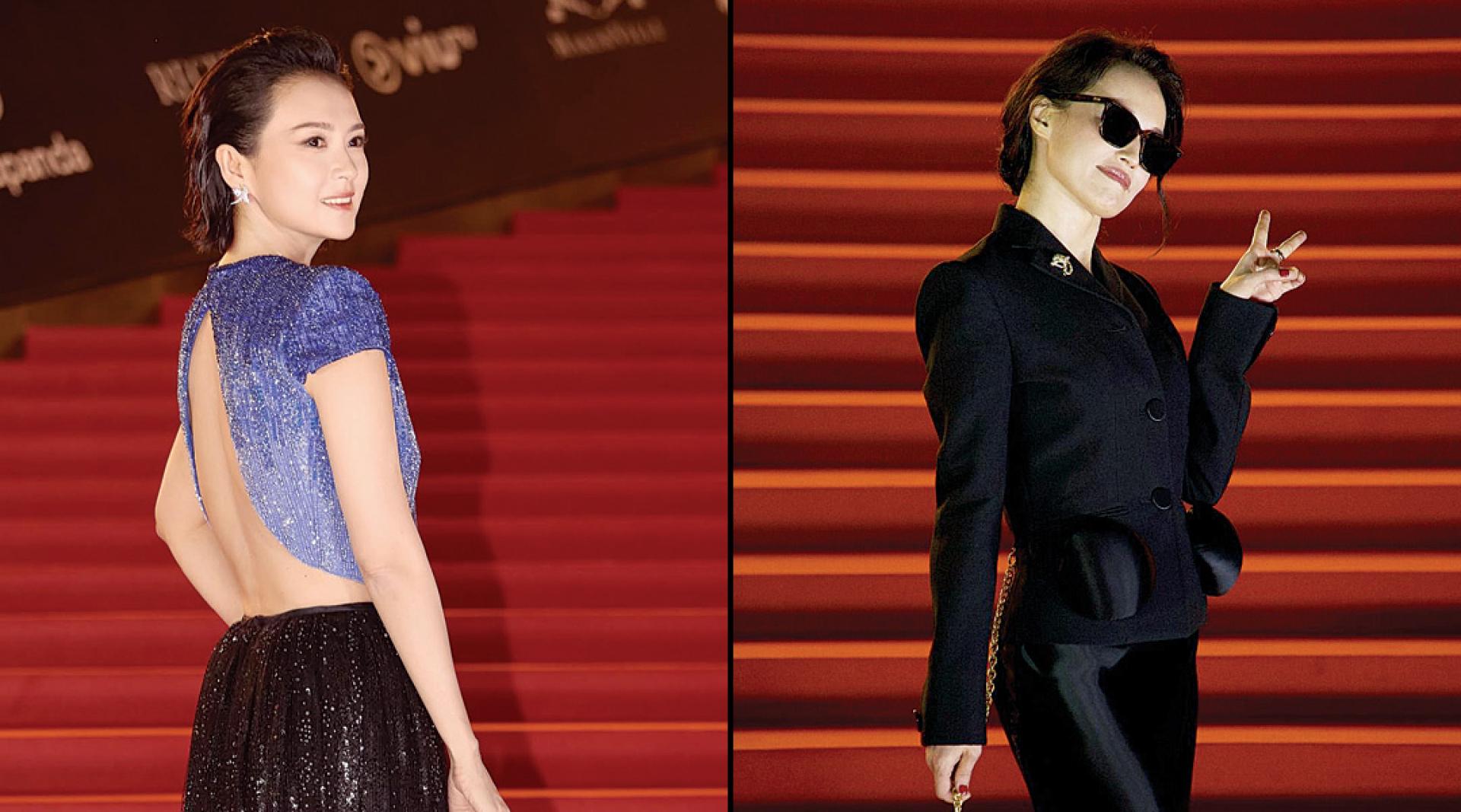 （左）章子怡美背见客。（右）舒淇一身黑亮相红毯。