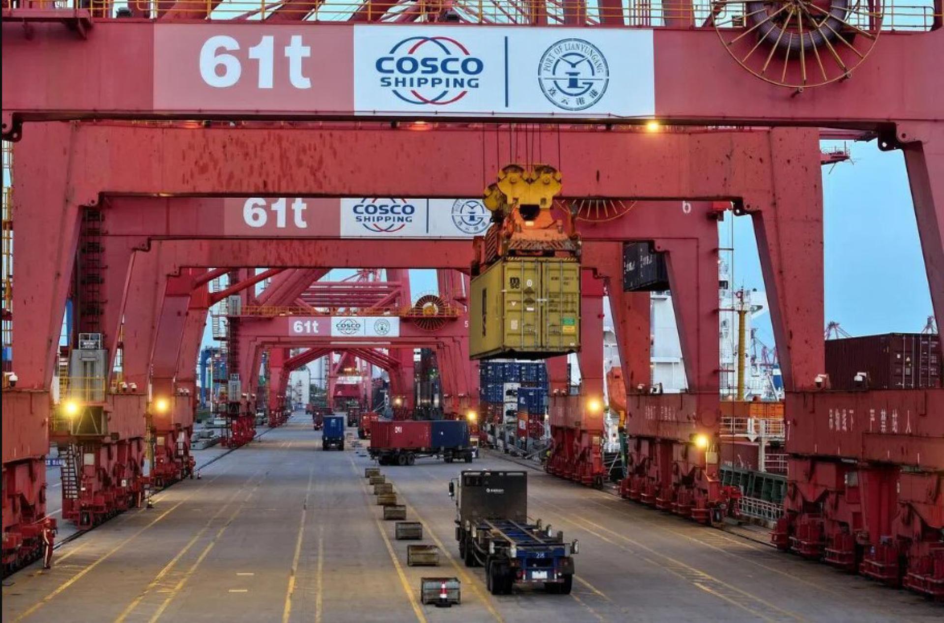 中国江苏省连云港码头的起重机准备卸货。