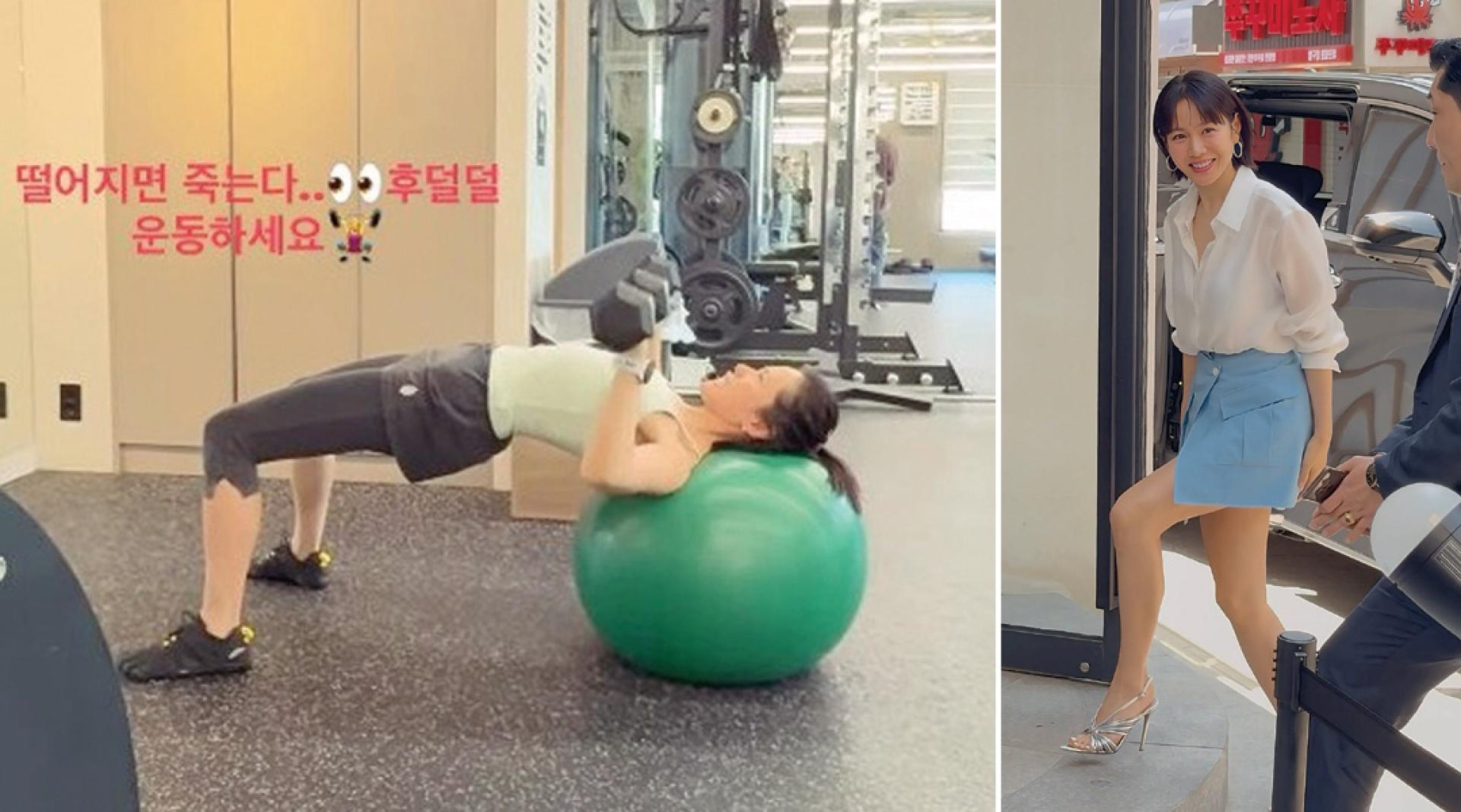 （左）孙艺真分享健身画面。（右）孙艺真美腿吸睛。