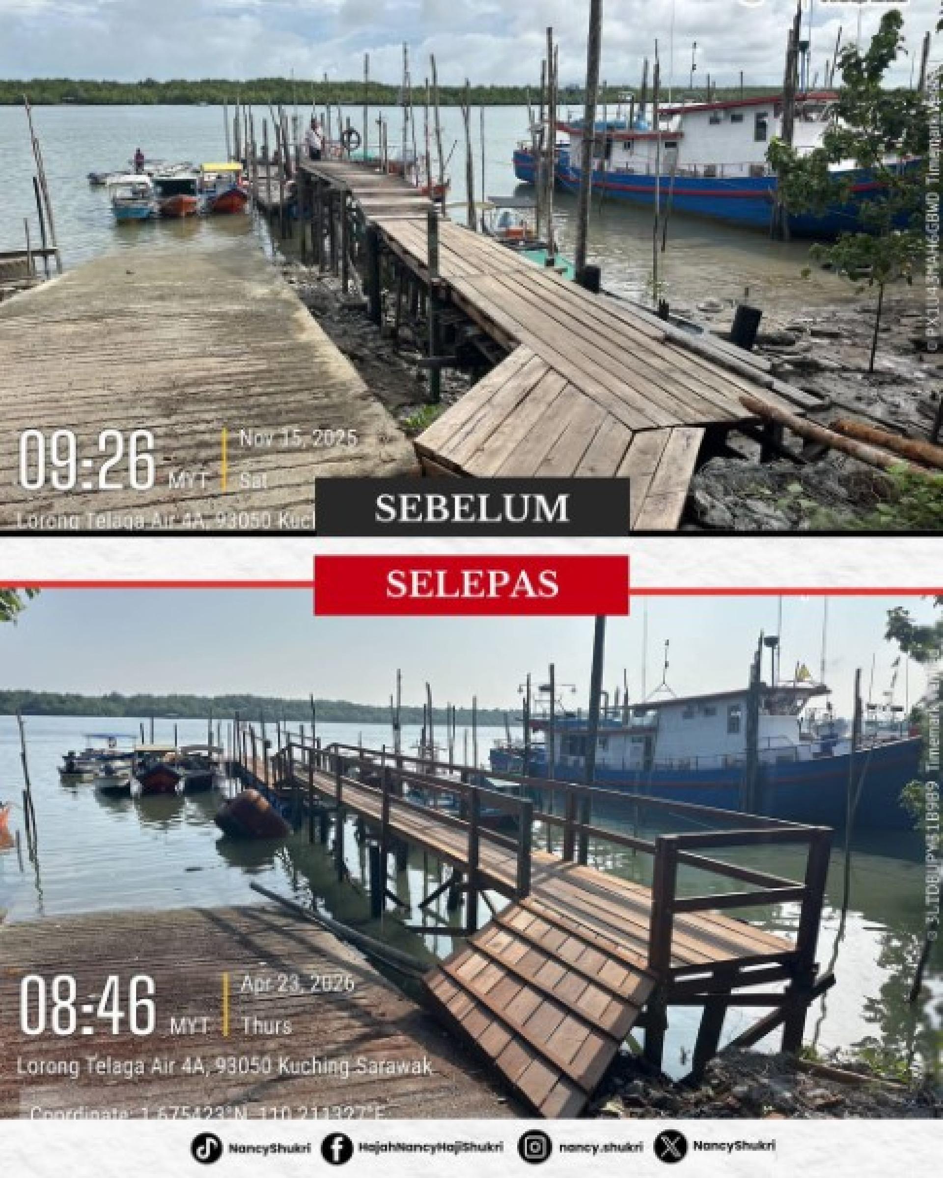 对比图显示修复前后已坍塌的德拉甲艾浮桥码头，以及南茜苏克里实地视察码头情况。