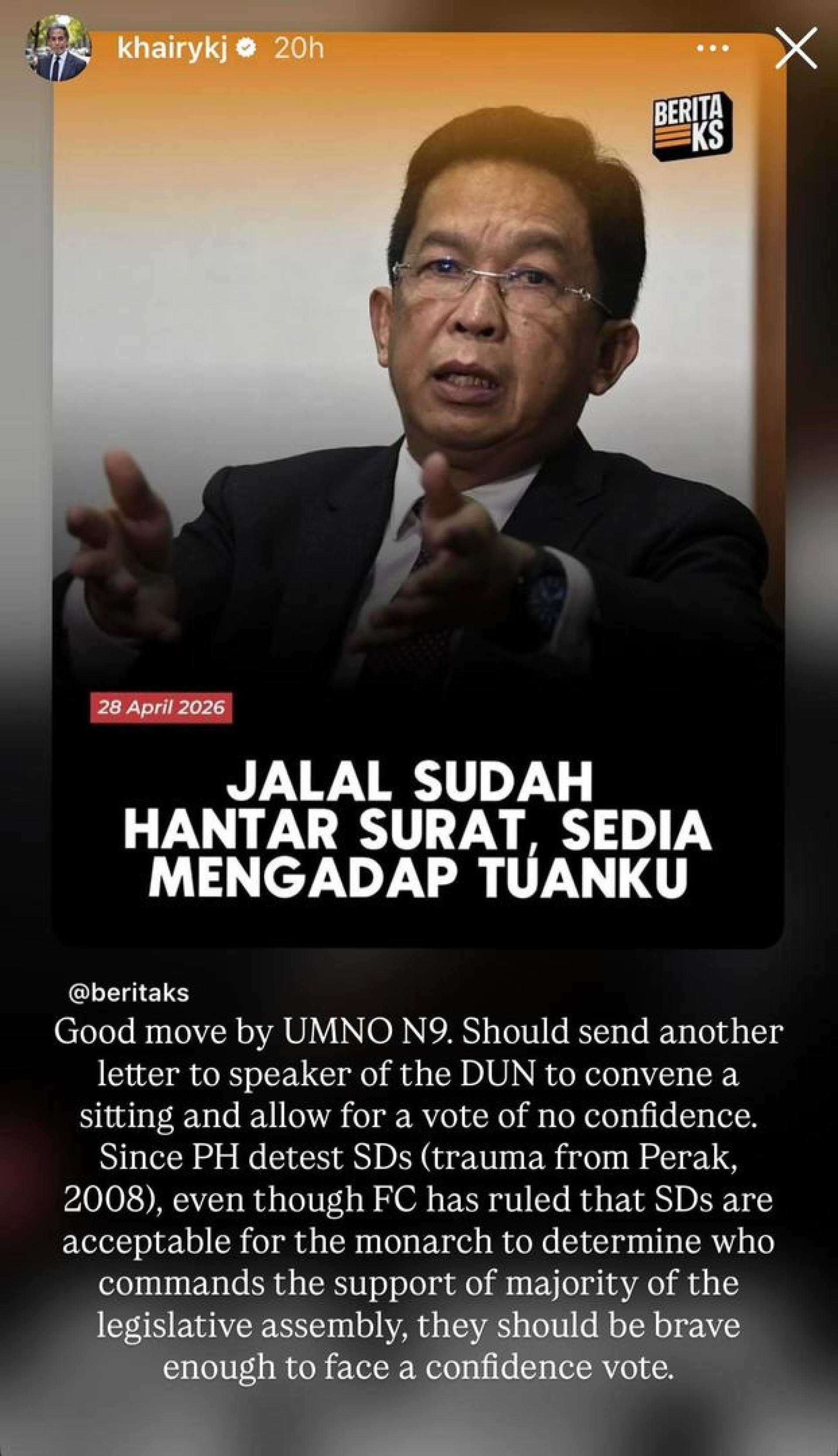 凯里转发贾拉鲁丁表示已要求觐见森州最高统治者端姑慕力兹的新闻，并留言赞赏说“好样的森州巫统，（其实）更应该致函州议会议长，投不信任票。”