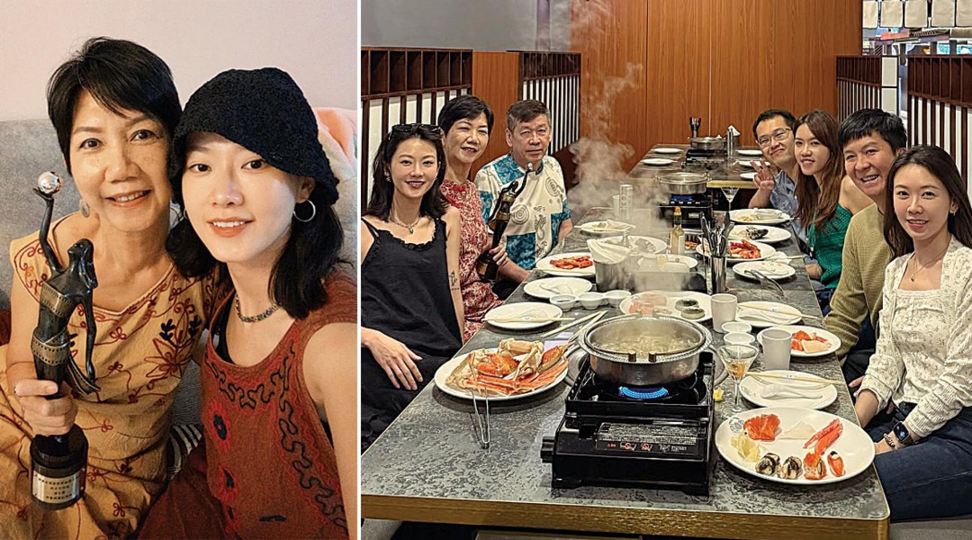 廖妈妈（左）拿着奖座面露笑容。（右）享受家庭乐。