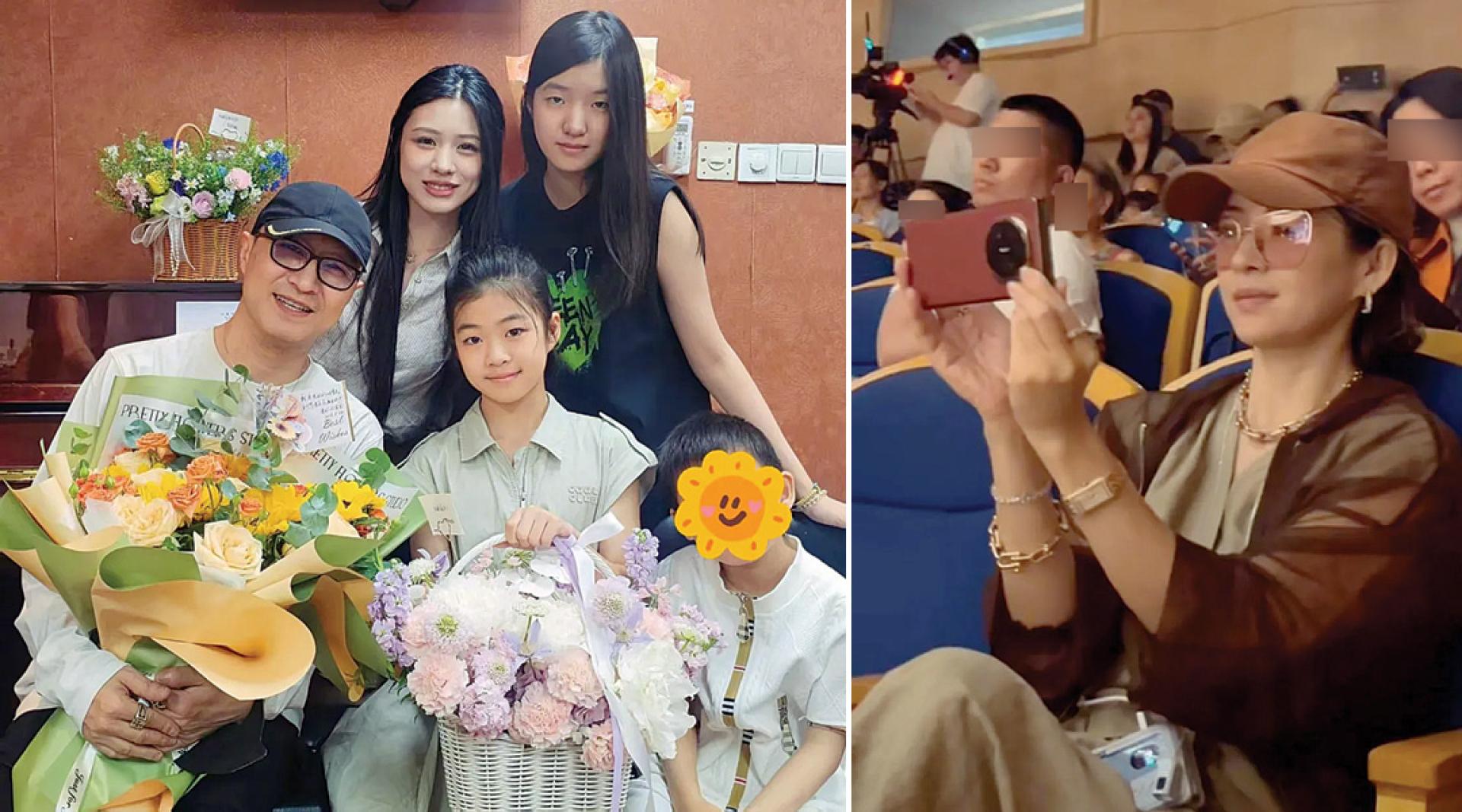 （左）汪峰难得带4个小孩一起现身，仅遮住小儿子的脸。左2为大女儿汪曼熙、右2为二女儿汪璟怡、中为小女儿醒醒。（右）章子怡低调坐在观众席为女儿拍摄记录。