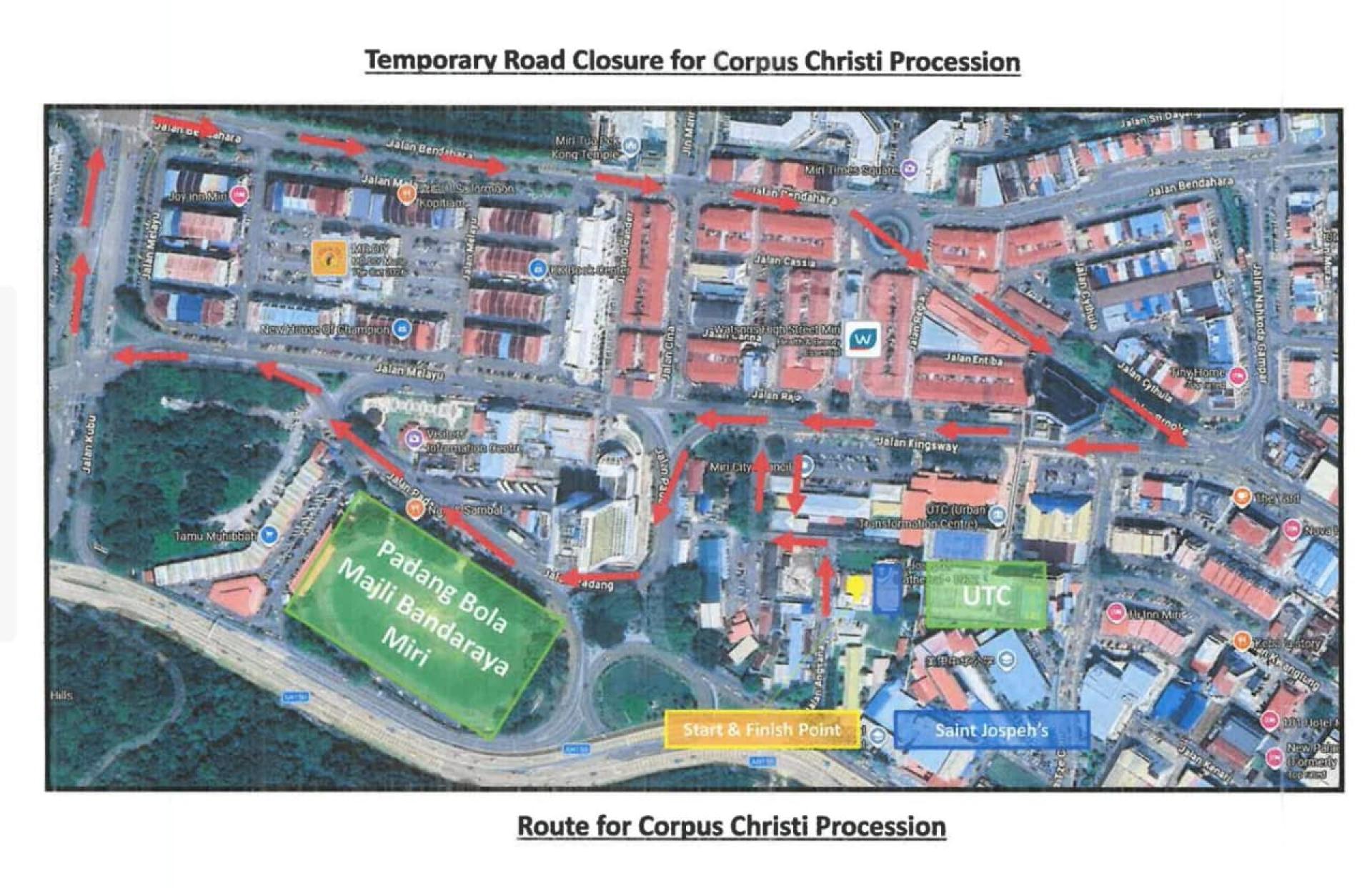 圣体节游行路线及受影响路段平面图。