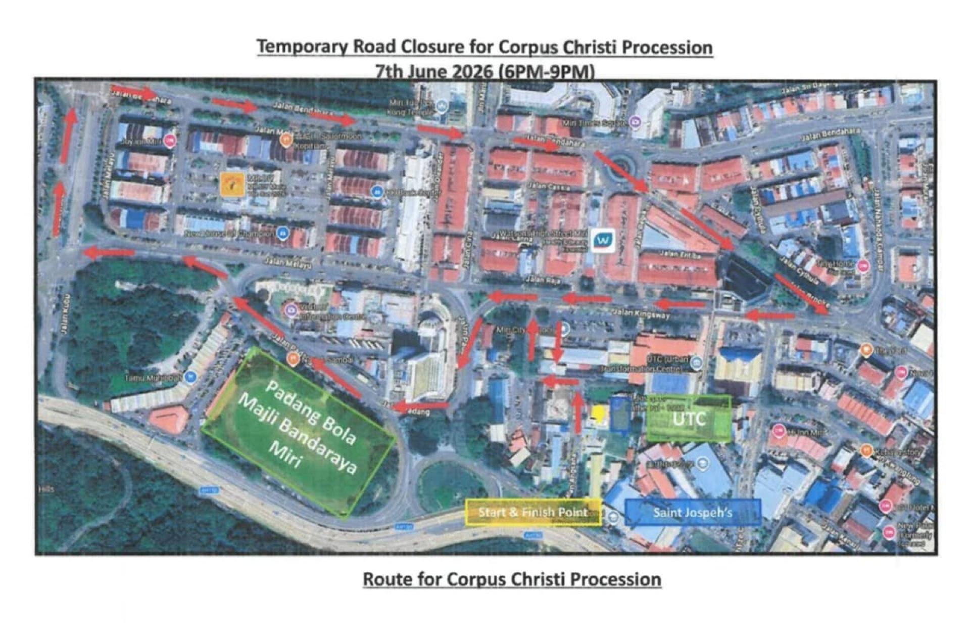 圣体圣血节游行将于6月7日举行 ，美里市中心多条道路傍晚起暂时封闭路线图。